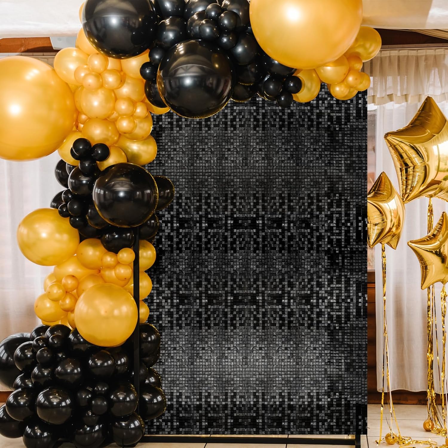 Ayfjovs Paquete de 36 paneles de fondo de pared negros brillantes de 12 x 12 pulgadas, fondo negro brillante para bodas, fiestas de cumpleaños,