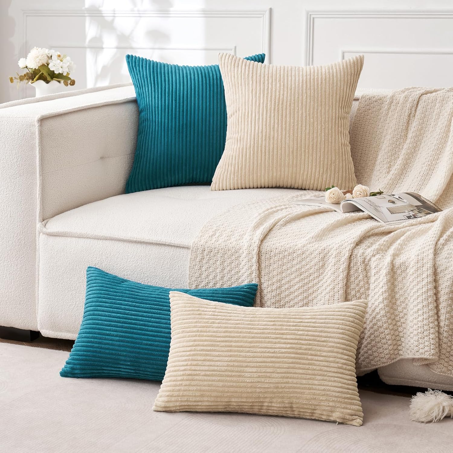 MIULEE Paquete de 2 fundas de almohada de pana verde azulado suave a rayas sólidas, fundas de almohada decorativas cuadradas para sofá, dormitorio,