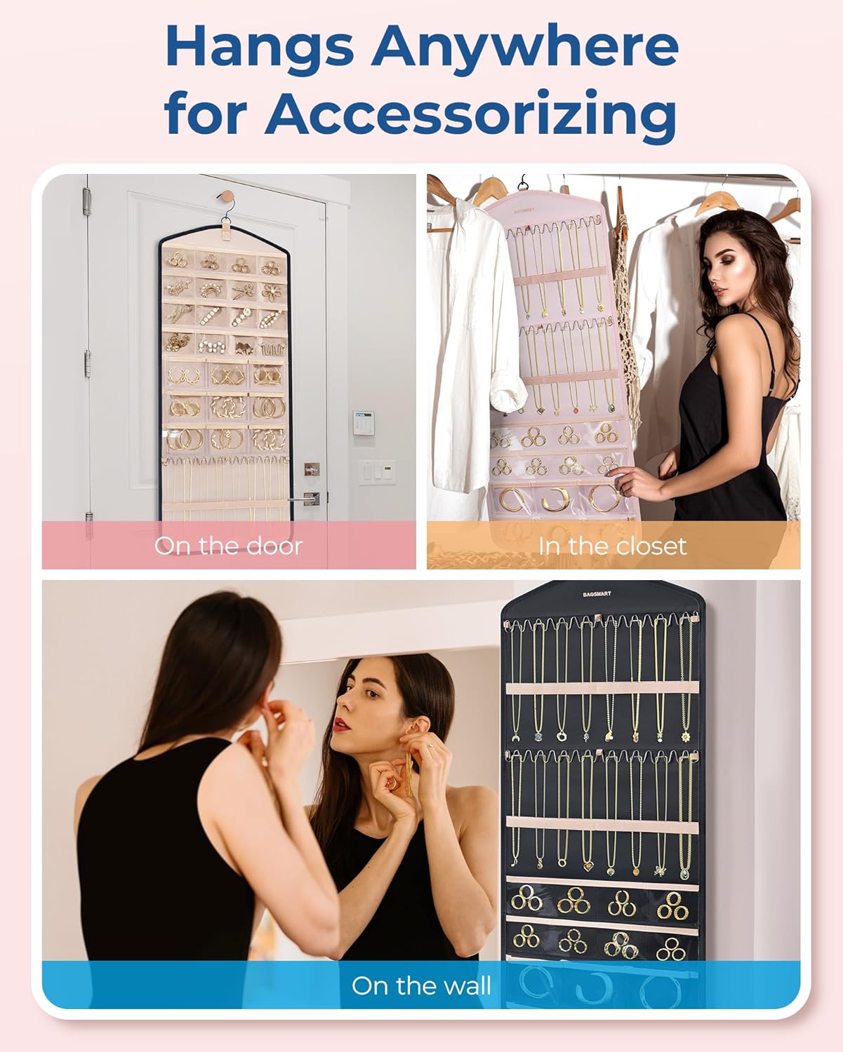 BAGSMART Organizador de joyas colgante con ganchos de metal, soporte de joyería de doble cara para organizar aretes, collares, anillos, perfecto