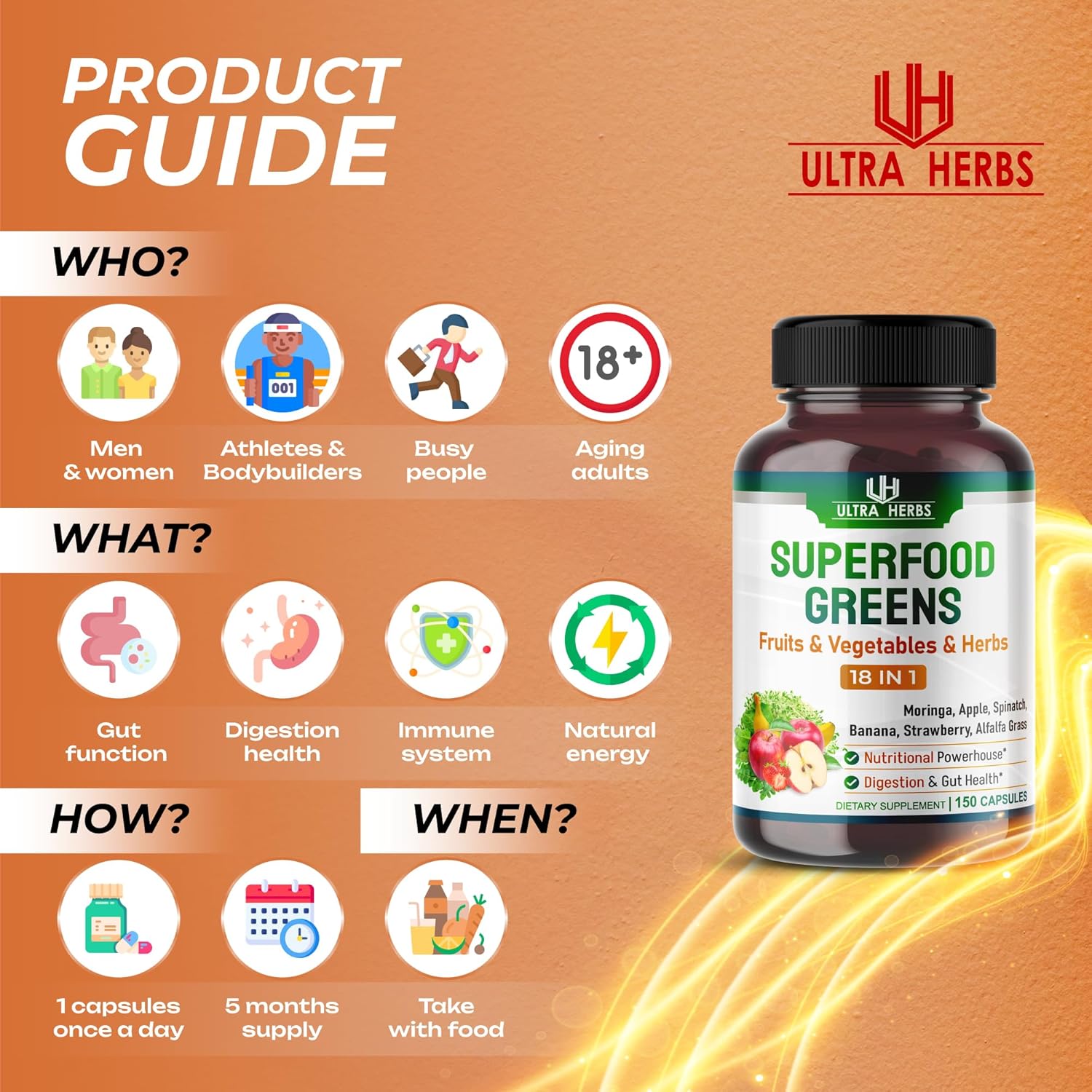 Superfood Greens 18 en 1  18,100 mg con frutas y verduras y hierbas  Moringa, alfalfa, manzana, espinatch, plátano, fresa, potencia la energía, la