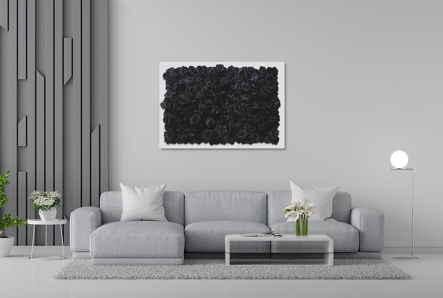 Arte artificial para pared, ensamblado en una variedad de colores y estilos (rosas negras, marco blanco, 45 x 30 pulgadas)