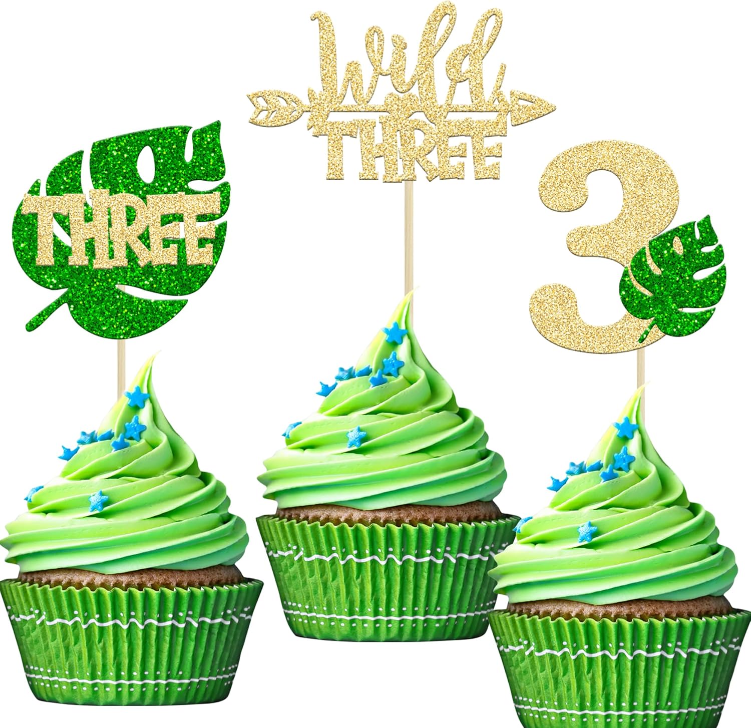 Paquete de 24 adornos para cupcakes de hojas de Monstera con purpurina de safari en la selva, tres púas para cupcakes número 3, decoración de