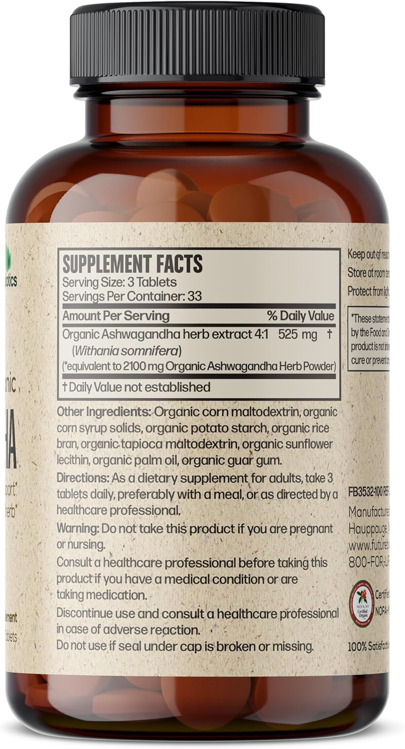 Futurebiotics Ashwagandha orgánica certificada, hierba adaptogénica de apoyo al estrés y energía, sin OMG, 100 tabletas orgánicas