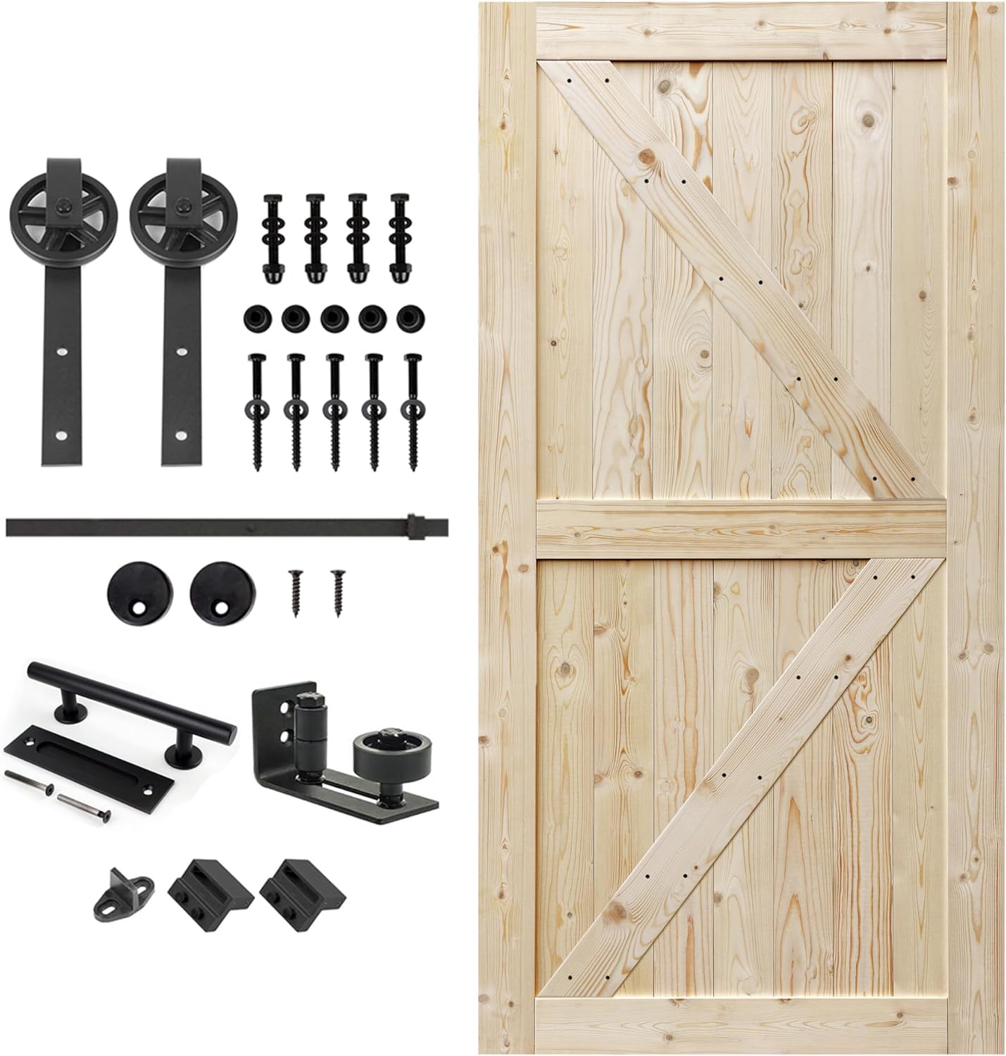 S&Z TOPHAND Puerta de granero anudada británica sin terminar de 42 pulgadas x 96 pulgadas con kit de herrajes para puerta corredera de 8 pies, doble