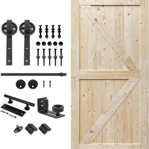 S&Z TOPHAND Puerta de granero anudada británica sin terminar de 42 pulgadas x 96 pulgadas con kit de herrajes para puerta corredera de 8 pies, doble S&Z TOPHAND Puerta de granero anudada británica sin terminar de 42 pulgadas x 96 pulgadas con kit de herrajes para puerta corredera de 8 pies, doble