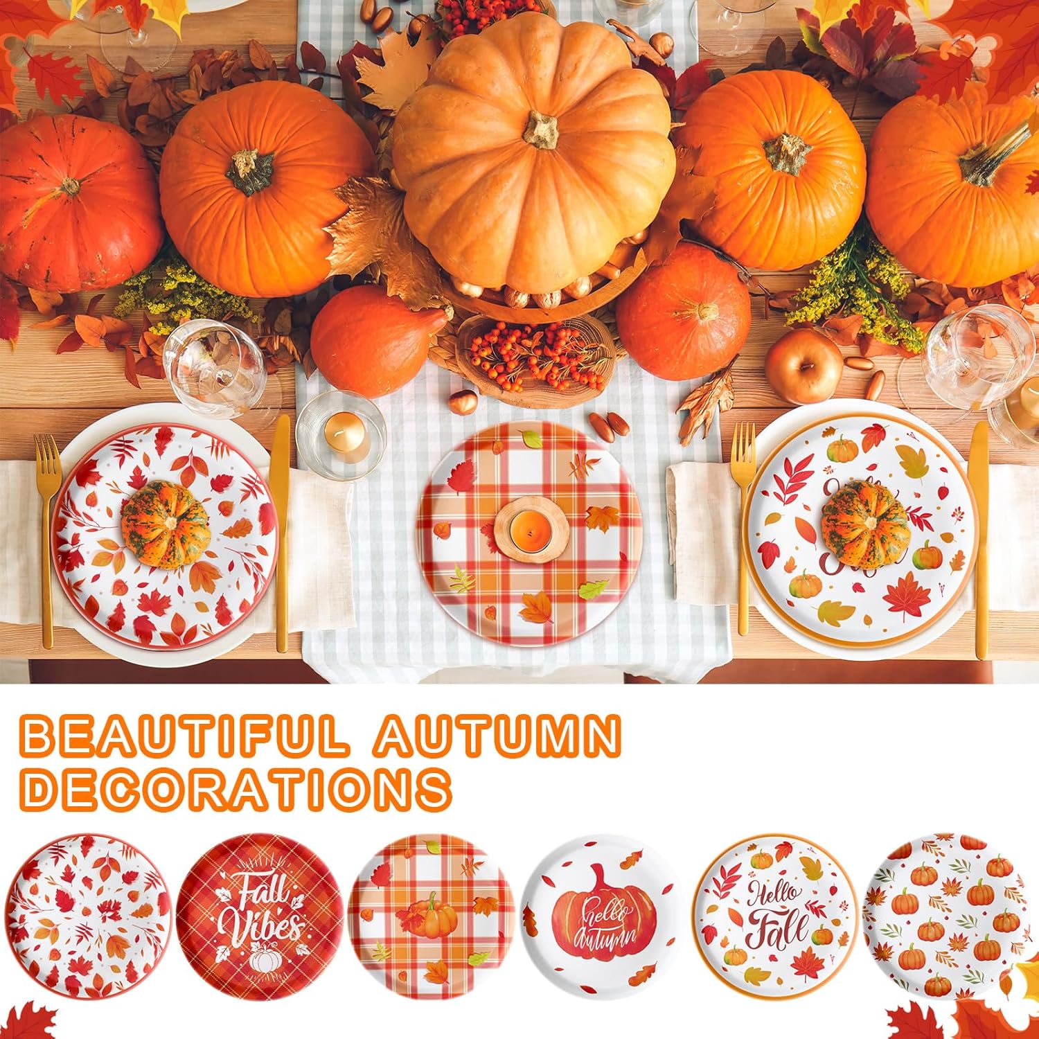 12 platos de postre de otoño, hojas de otoño, platos de calabazas, platos reutilizables de plástico para otoño, para fiesta de Acción de Gracias,