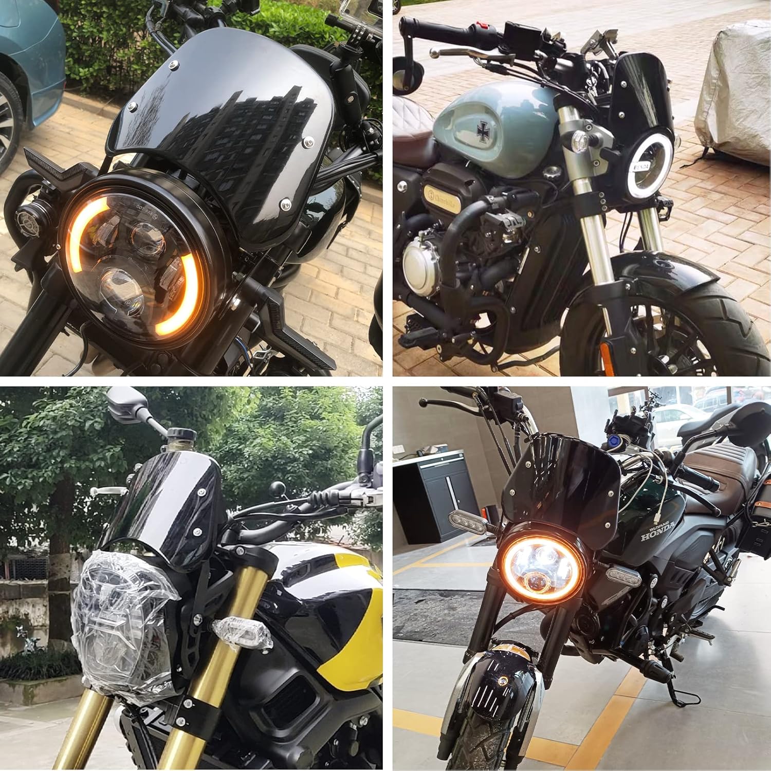 Parabrisas universal para motocicleta, deflector de viento, parabrisas delantero con soporte para moto 5″-7″ LED faro