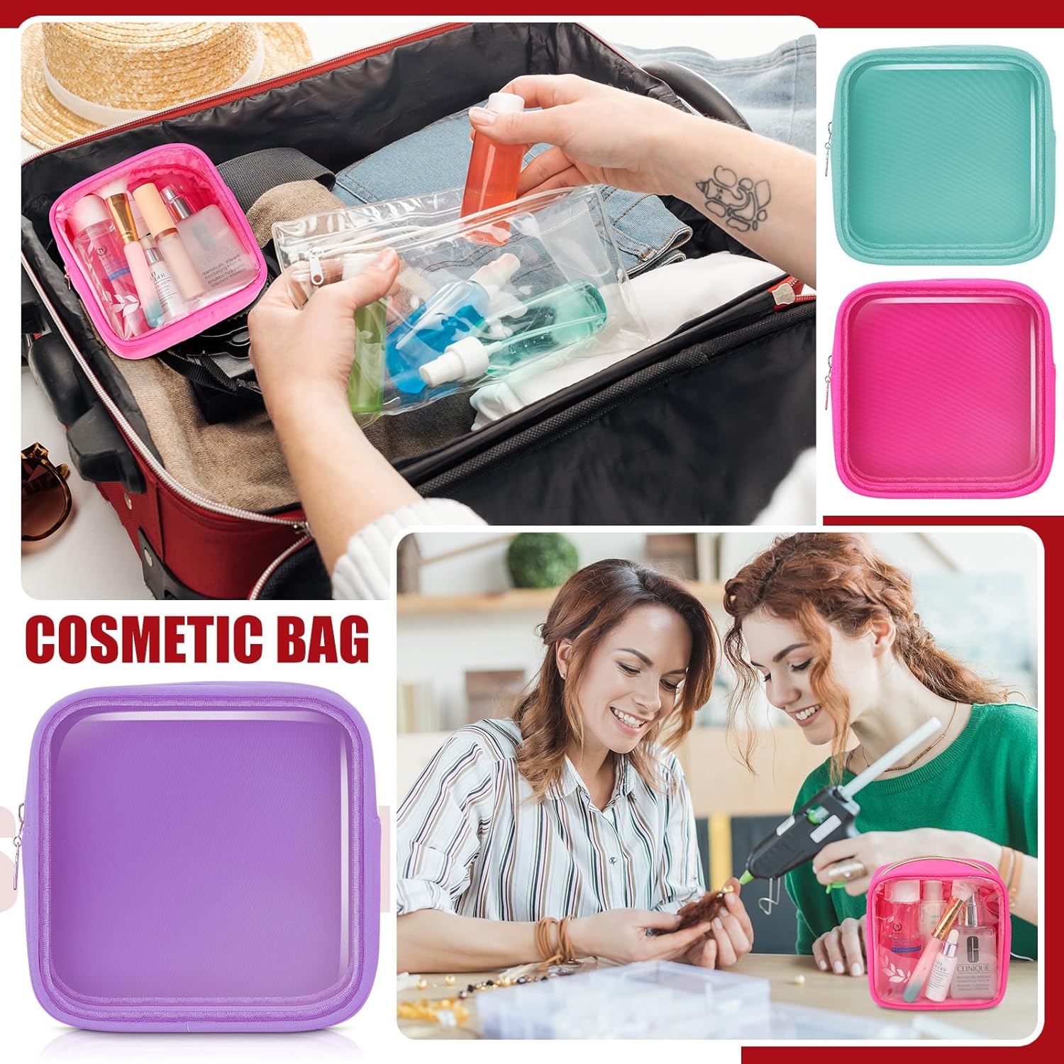 Hushee 4 bolsas de maquillaje transparentes para bolso, bolsa de maquillaje de nailon y PVC, bolsa de viaje para cosméticos, bolsa de aseo con