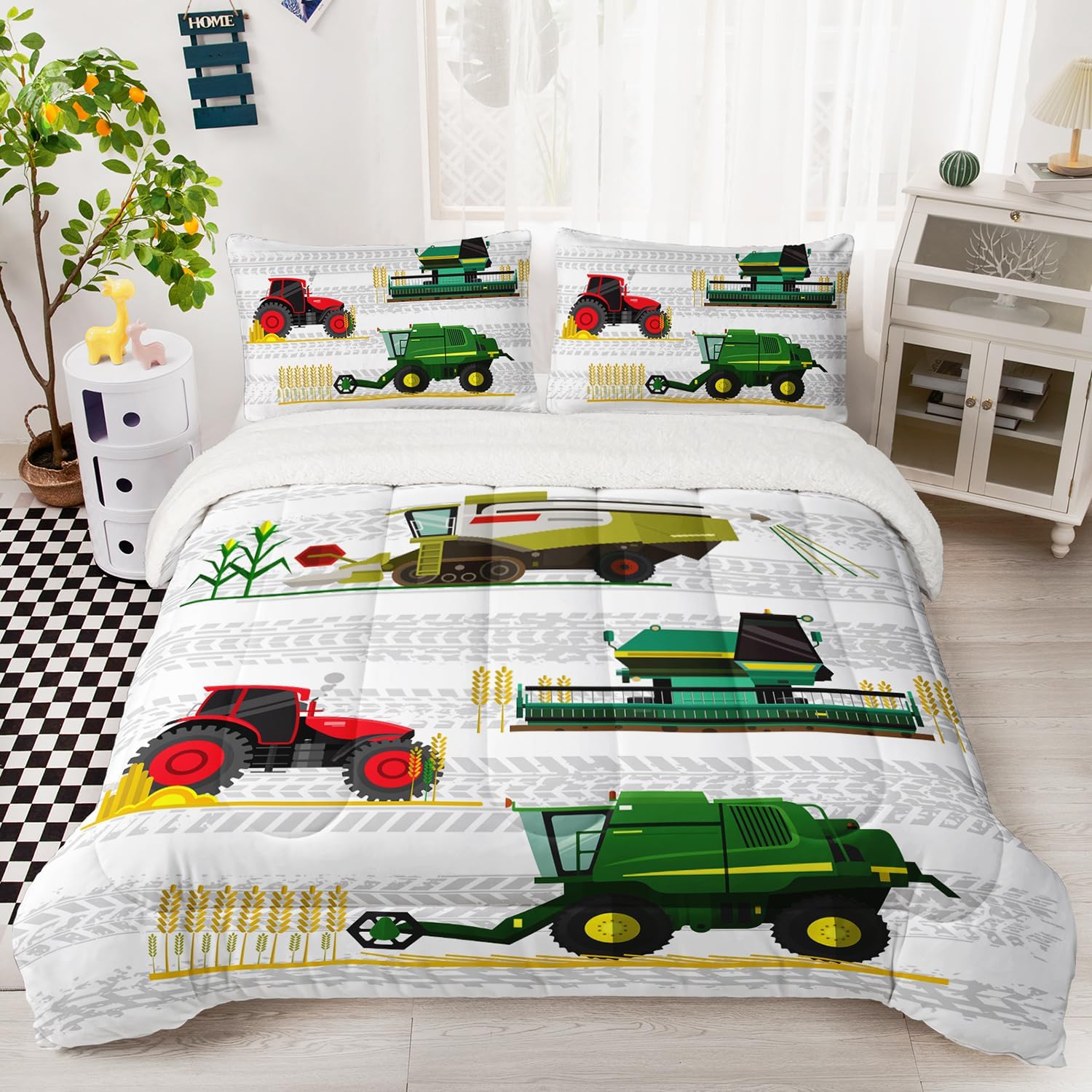 CVHOUSE Juego de edredón de forro polar Sherpa de tractor tamaño Queen, juego de ropa de cama sherpa de construcción reversible para niños y
