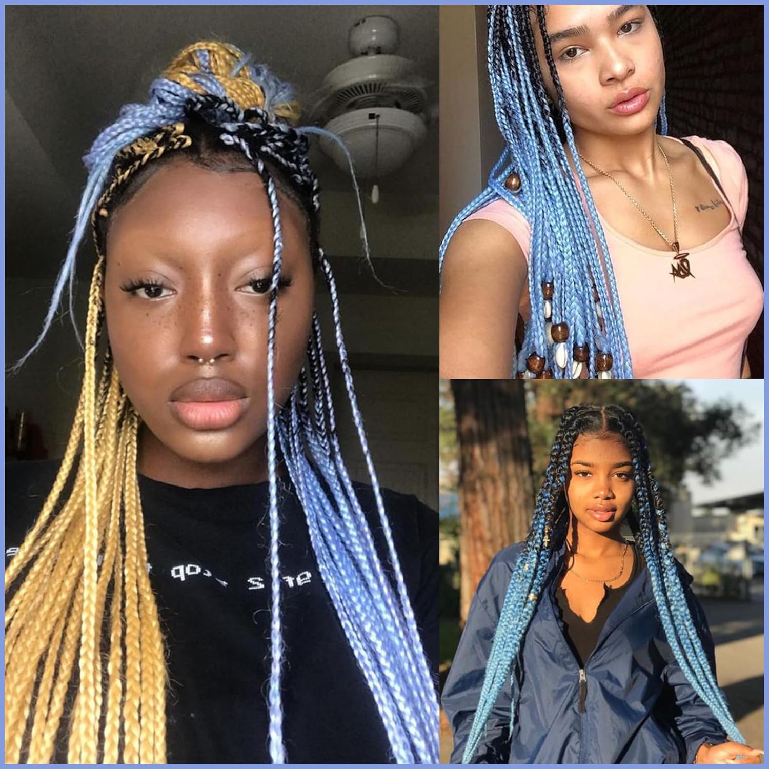 Cabello trenzado de color azul bebé preestirado de 26 pulgadas, extensiones de cabello trenzado Kanekalon, 3 paquetes de trenzas de pelo de fibra