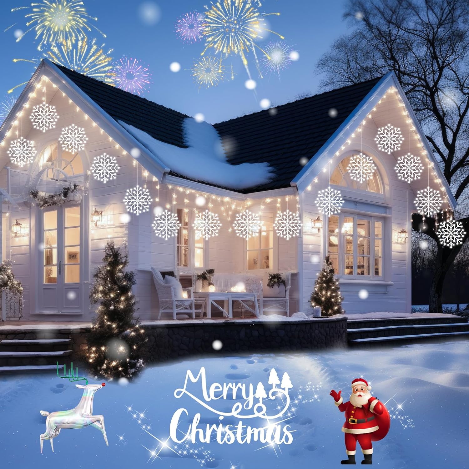 Luces de copo de nieve de Navidad para exteriores, enchufables de 23.6 pies, 10 gotas, 480 luces LED de ventana de copo de nieve, conectables para