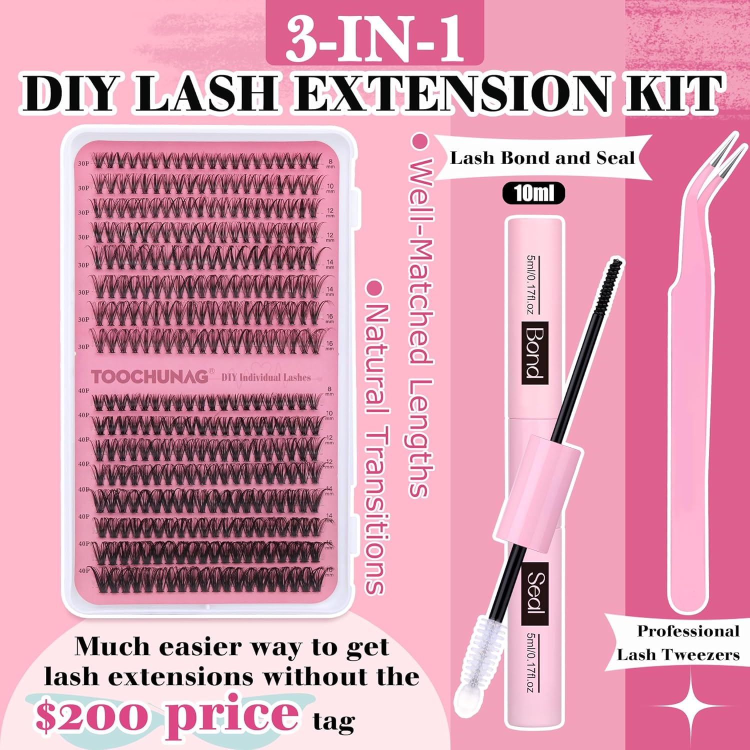Kit de extensiones de pestañas individuales 30D+40D, 320 piezas de extensiones de pestañas en racimo, juego de racimos de pestañas de 0.315 a 0.630