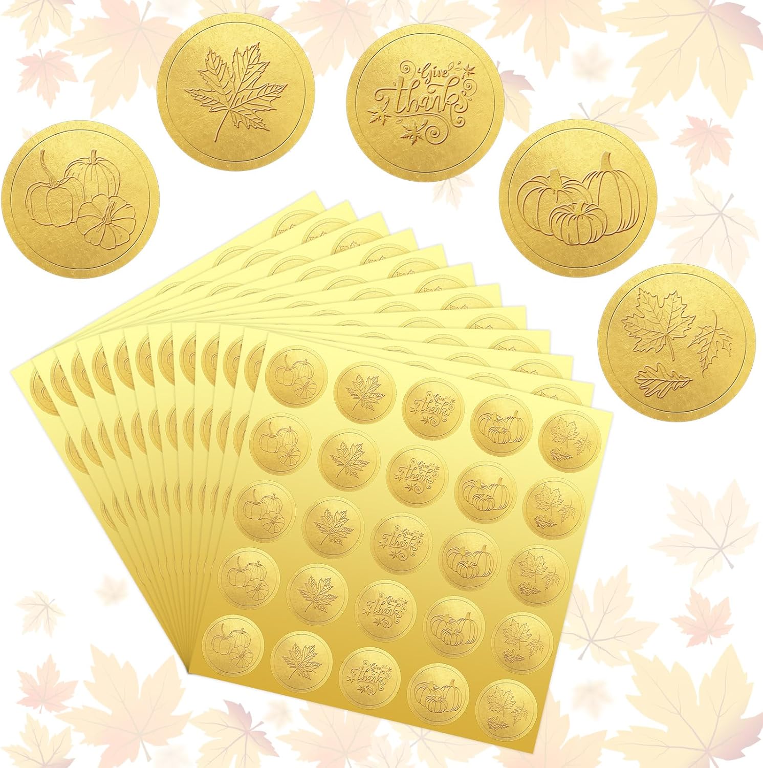 AnyDesign 500 unidades de sellos en relieve dorados de otoño autoadhesivos para dar gracias, hojas de arce, calcomanías de papel de aluminio con