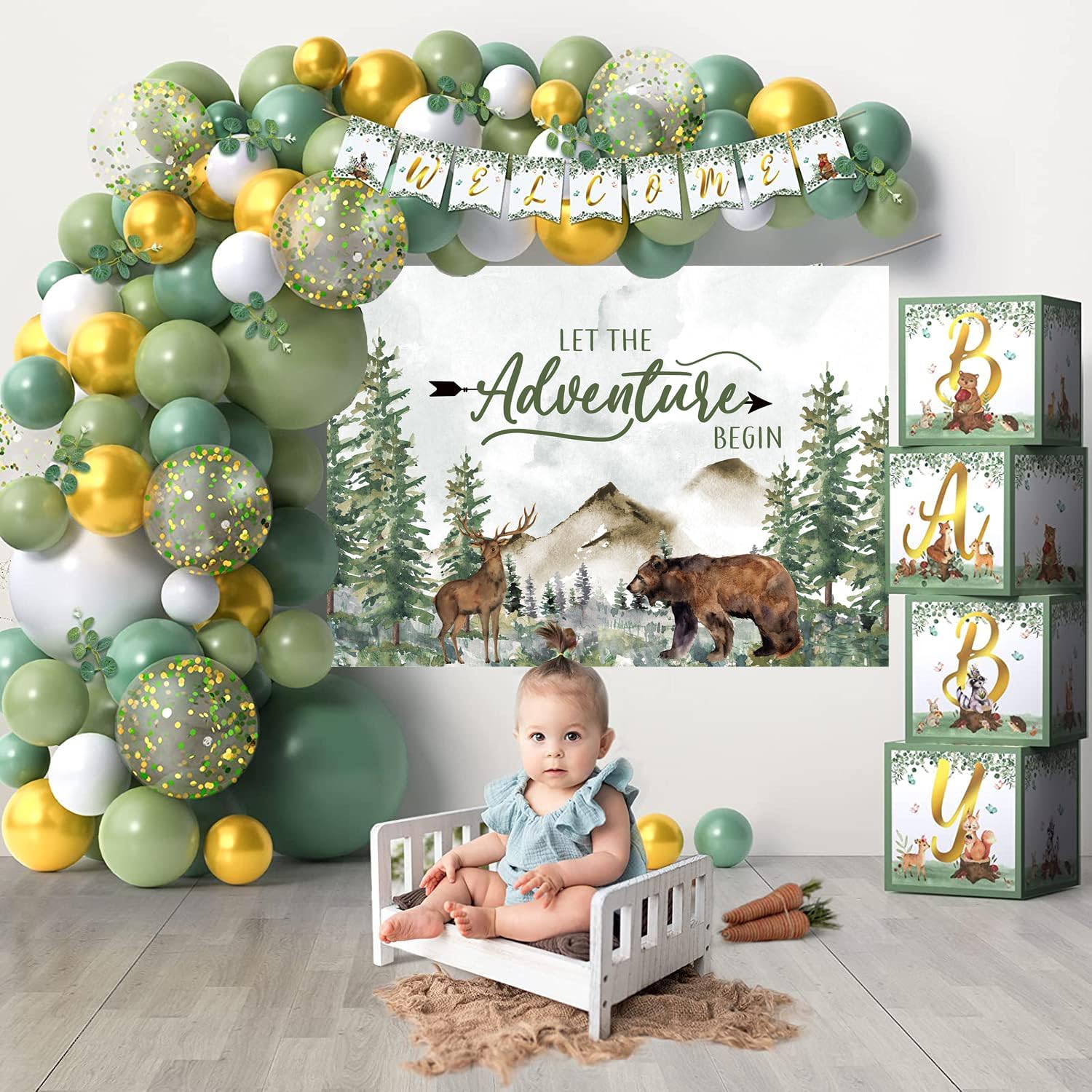 Adventure Awaits – Decoraciones para baby shower con texto en inglés “Let The Adventure Begin”, kit de arco de guirnalda de globos verde salvia para