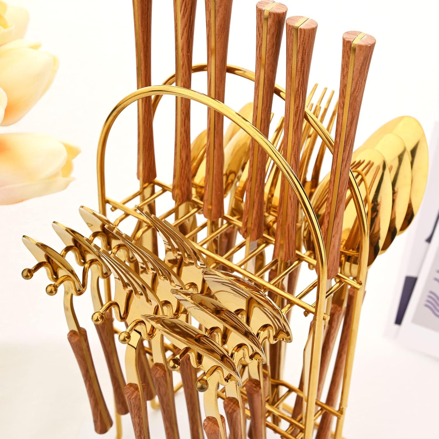Juego de cubiertos colgantes de 24 piezas con soporte para cubiertos, cubiertos de acero inoxidable con mango de madera, utensilios de cocina para