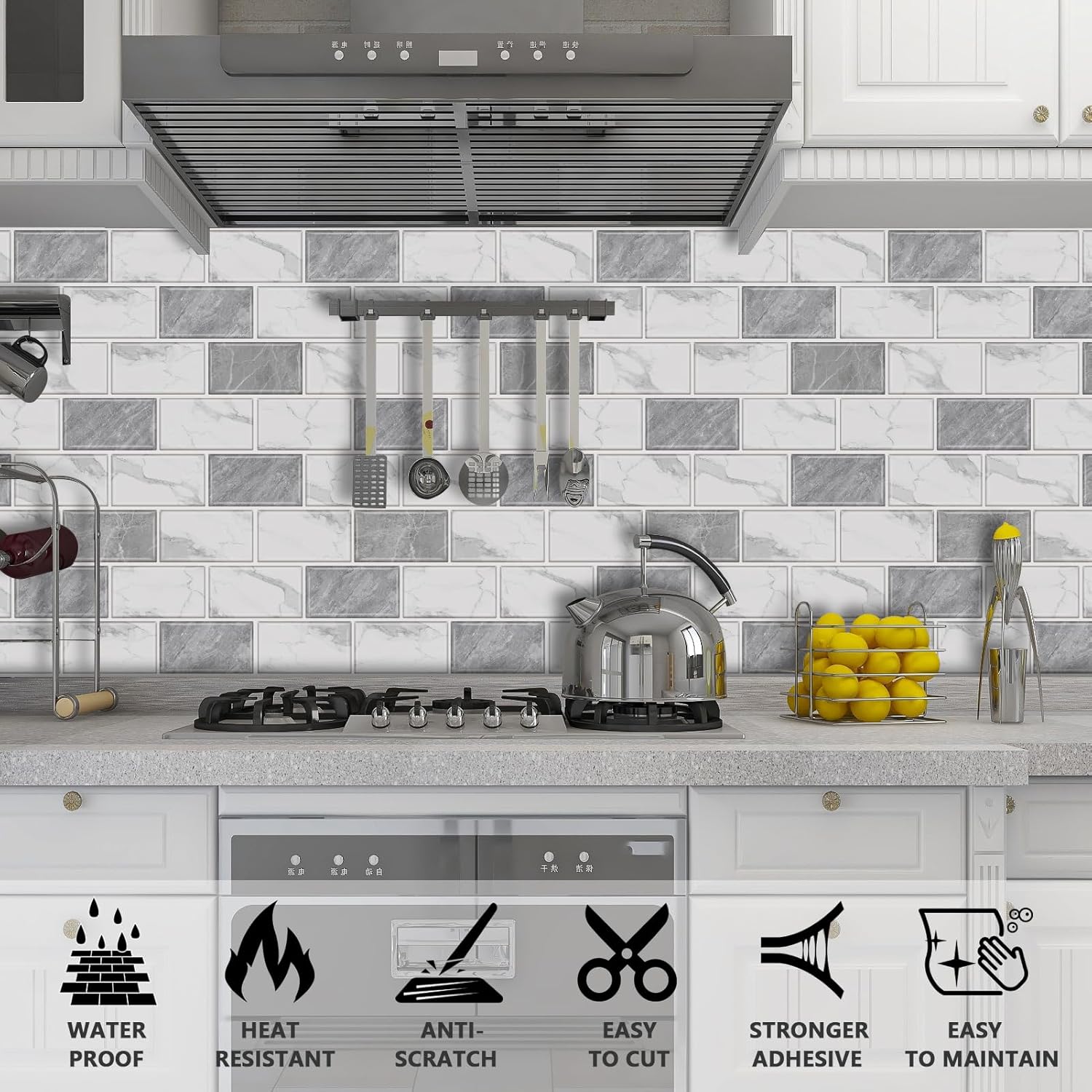 URCOLOR Azulejo de 10 hojas para despegar y pegar en muro de cocina, salpicaduras traseras de 12 x 12 pulgadas para baño, aspecto de mármol gris y