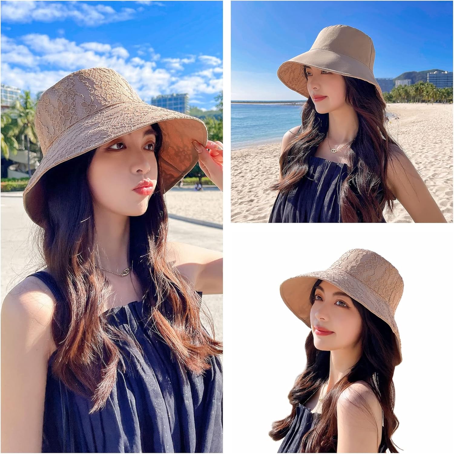 Ayliss Sombrero de sol para mujer, de encaje, de verano, de playa, plegable, de doble cara, reversible, de viaje, de pesca, sombrero