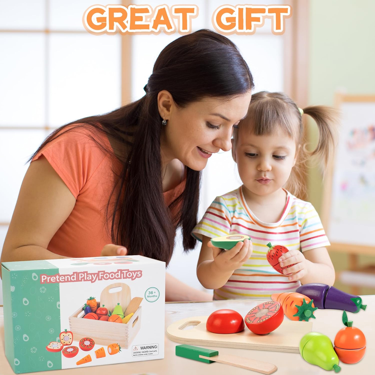 Comida de madera para niños pequeños, juego de corte de frutas y verduras con velcro para niños, accesorios de cocina para niños y niñas de 3, 4, 5,