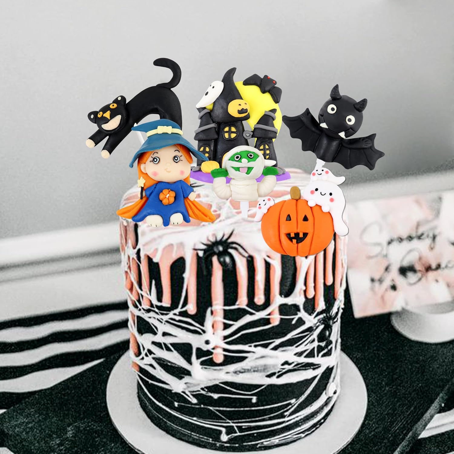 Ercadio Paquete de 6 adornos de resina 3D para tartas de Halloween, castillo de bruja, gato, palillos para tartas de Halloween, calabaza,