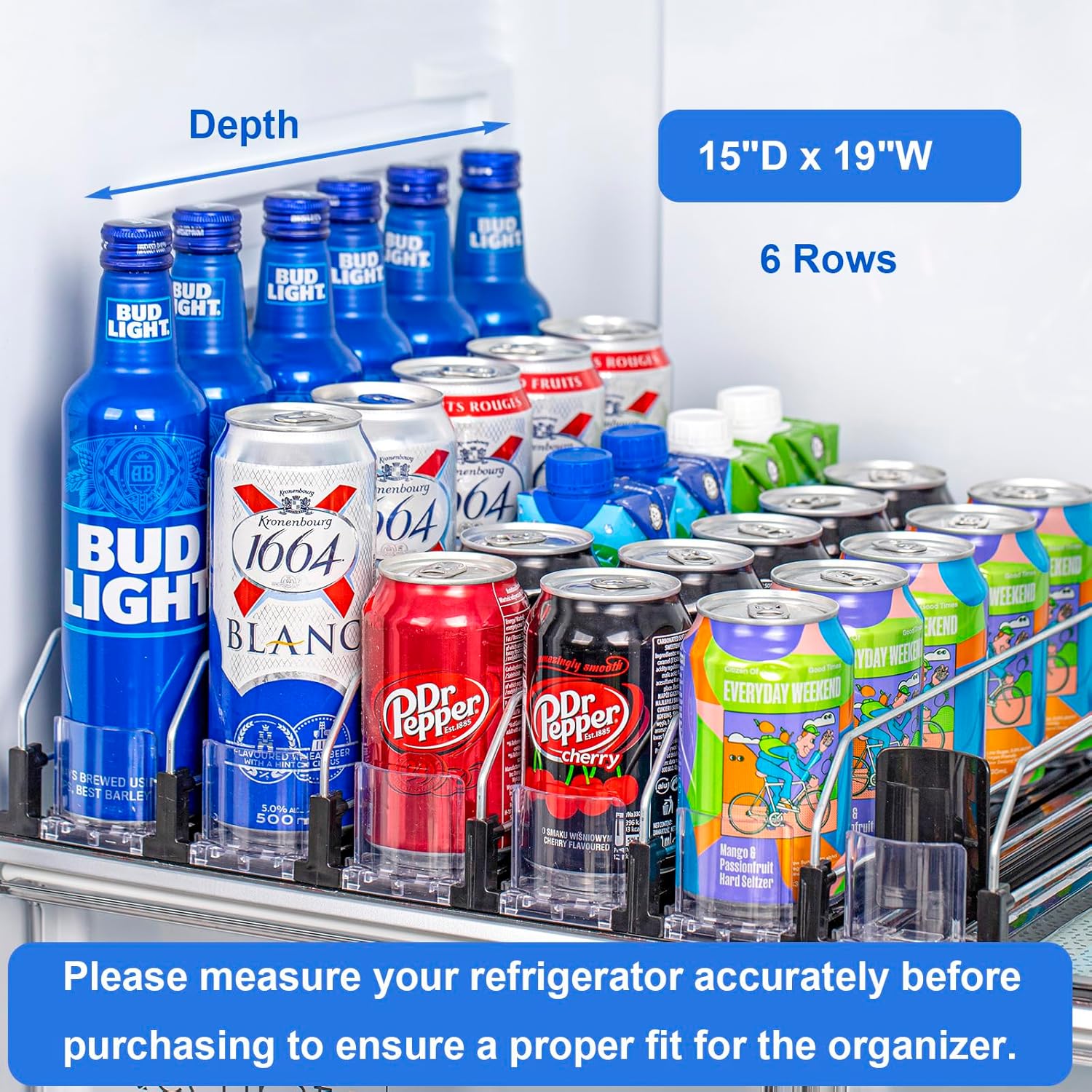 RULA Organizador de bebidas para refrigerador, dispensador de latas de soda autoempujable para refrigerador, ancho ajustable, empujador de botella