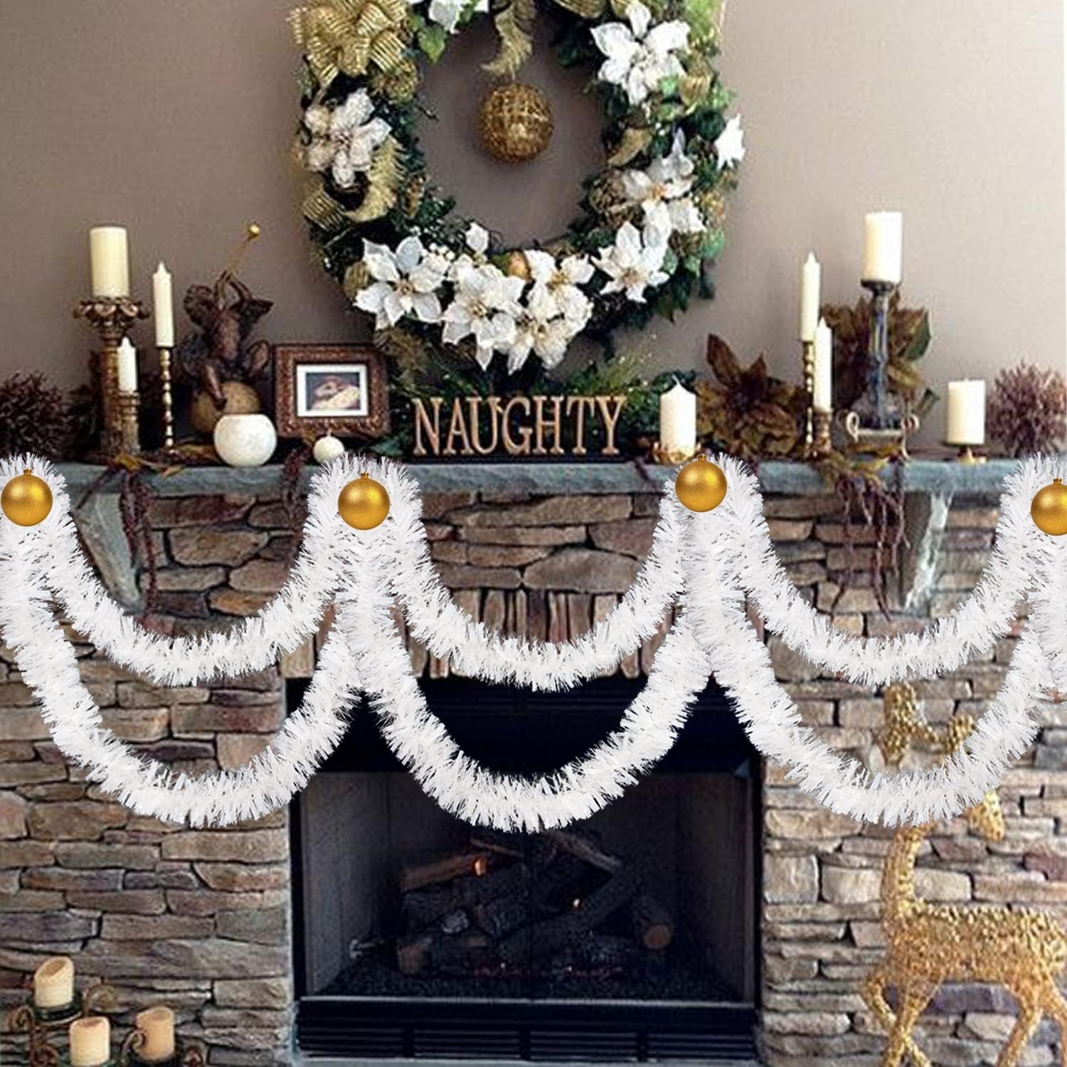 Guirnalda de oropel de Navidad de 33 pies, guirnalda colgante metálica trenzada blanca para árbol de Navidad, chimenea, decoración del hogar