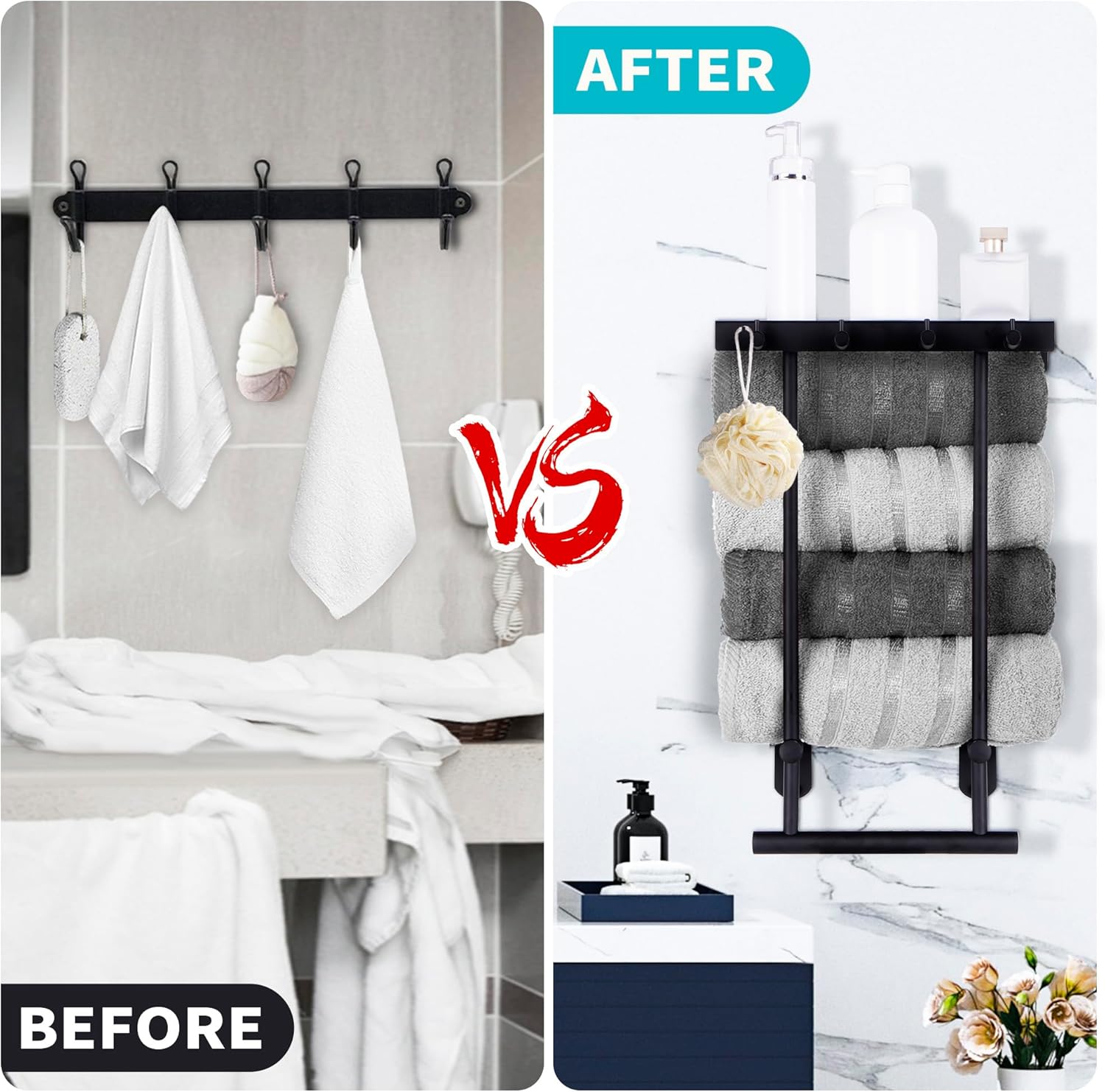 Toallero montado en la pared con estante de metal y 4 ganchos, toallero de acero inoxidable para baño pequeño, almacenamiento de toallas de baño,