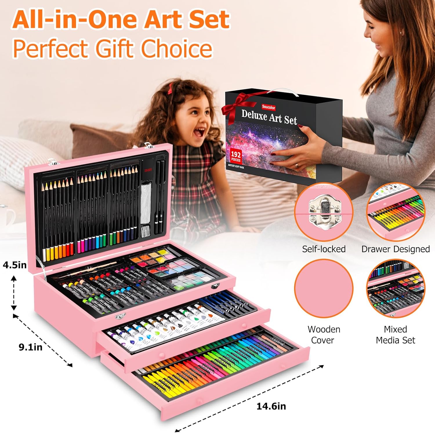 Soucolor Suministros de arte, paquete de 192 piezas de arte de lujo, suministros de pintura de dibujo, kit de arte con almohadilla acrílica,