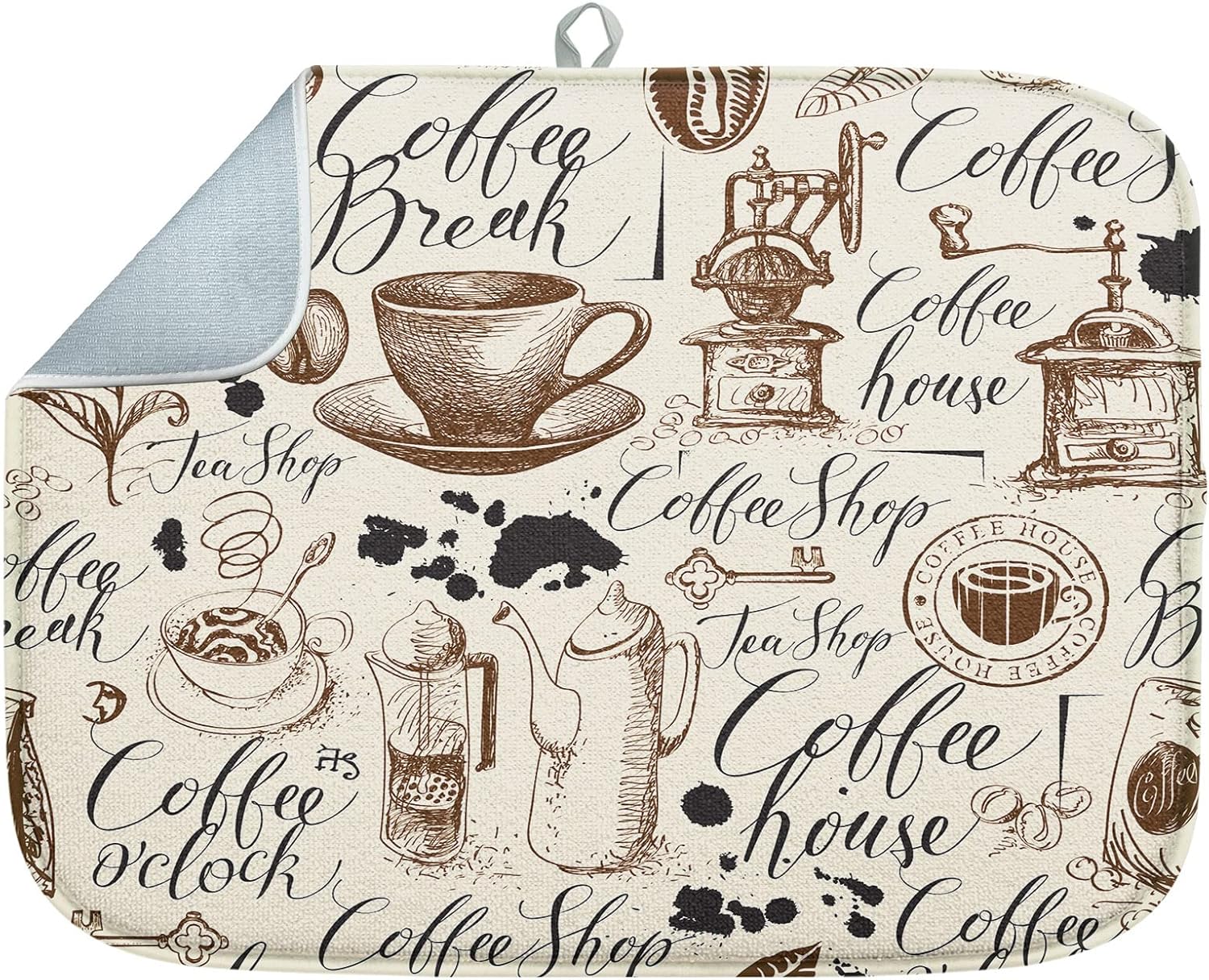 Tapete absorbente para secar platos, Coffee House Blobs Inscriptions, almohadilla de microfibra adecuada para encimera de cocina, decoración de