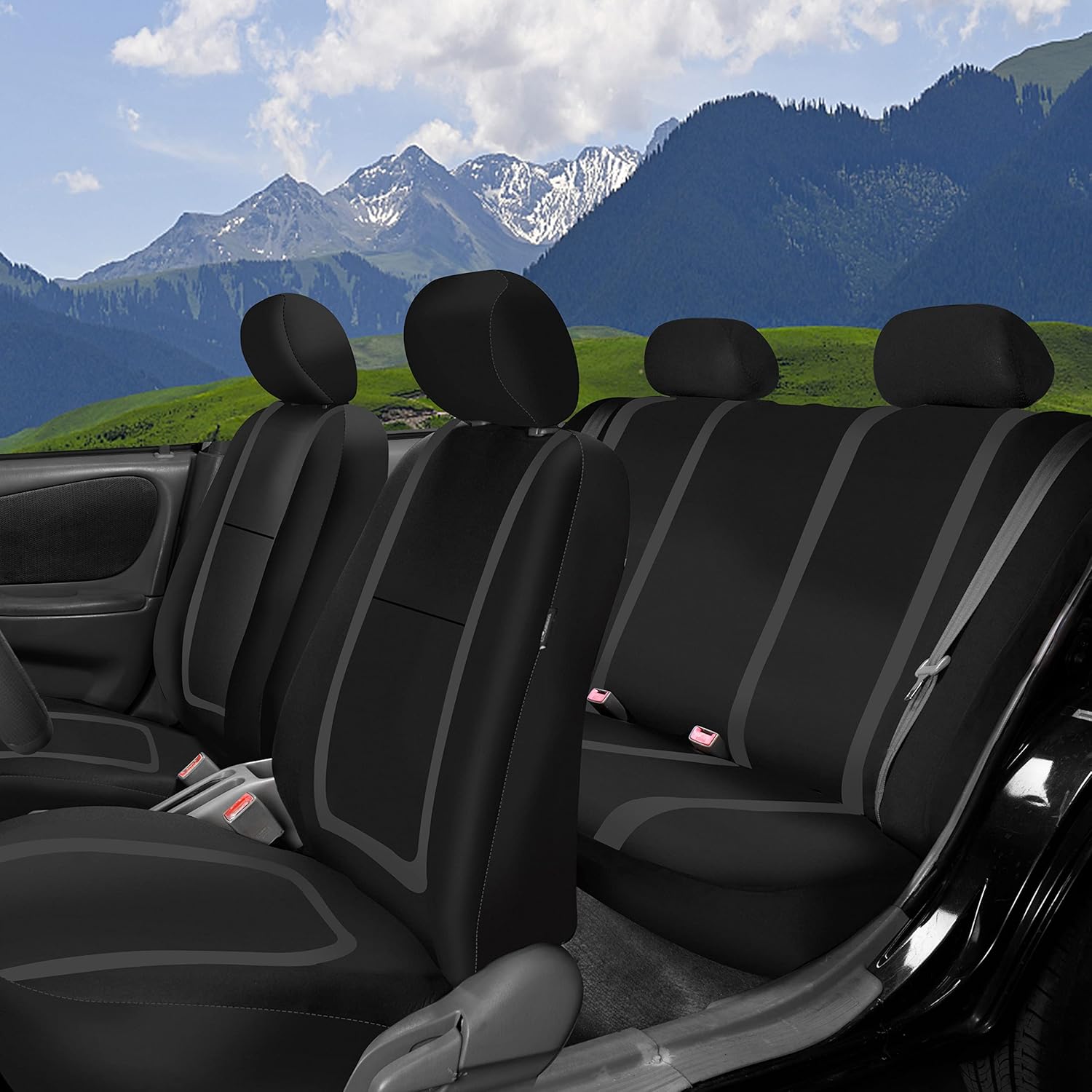 FH Group – Juego completo de fundas de asiento de automóvil, de tela negra, ajuste universal, de asiento delantero de respaldo bajo y de asiento