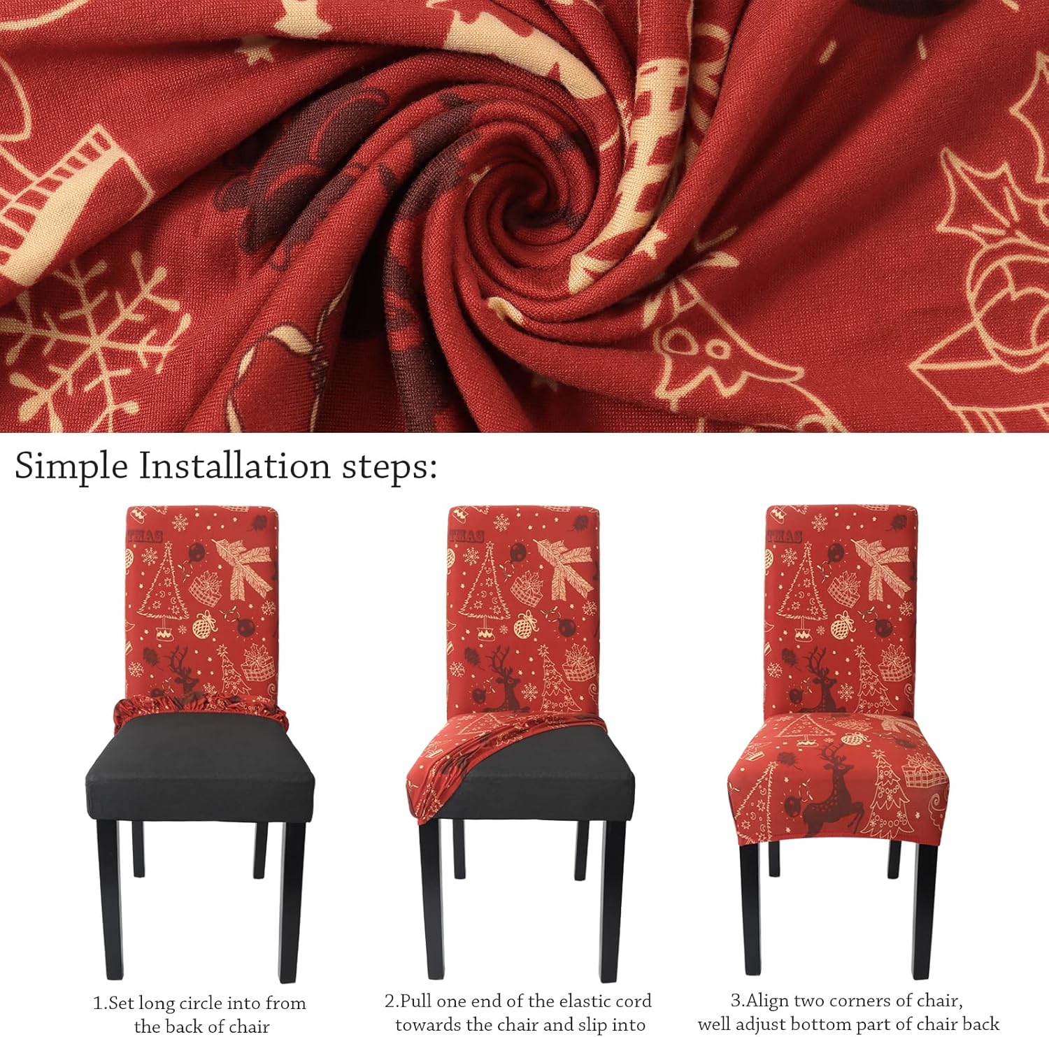 Betylifoy Juego de 4 fundas elásticas extraíbles para sillas de comedor, diseño de árbol de Navidad, alce, fundas para sillas de Navidad, para