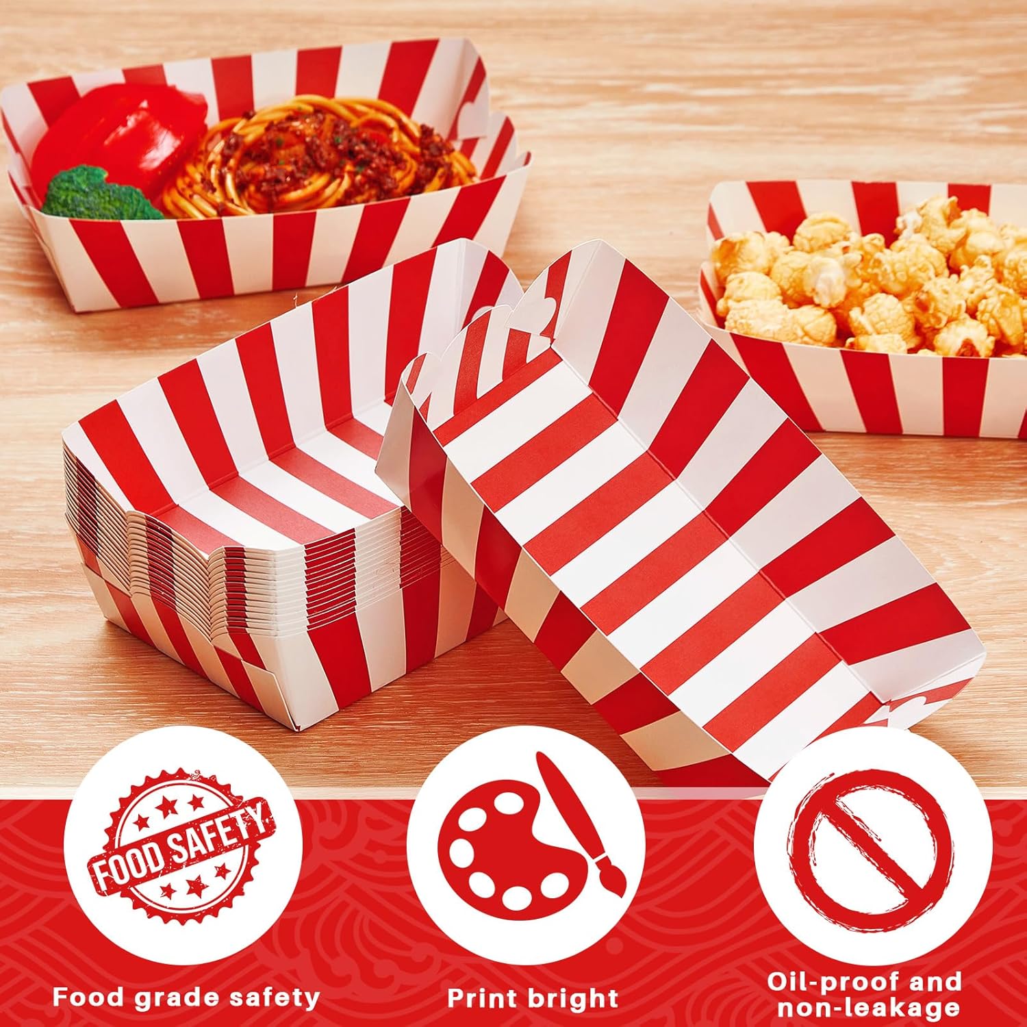 100 bandejas de papel a rayas para alimentos, botes de papel para alimentos, botes de papel para perros calientes, bandejas desechables para nachos,