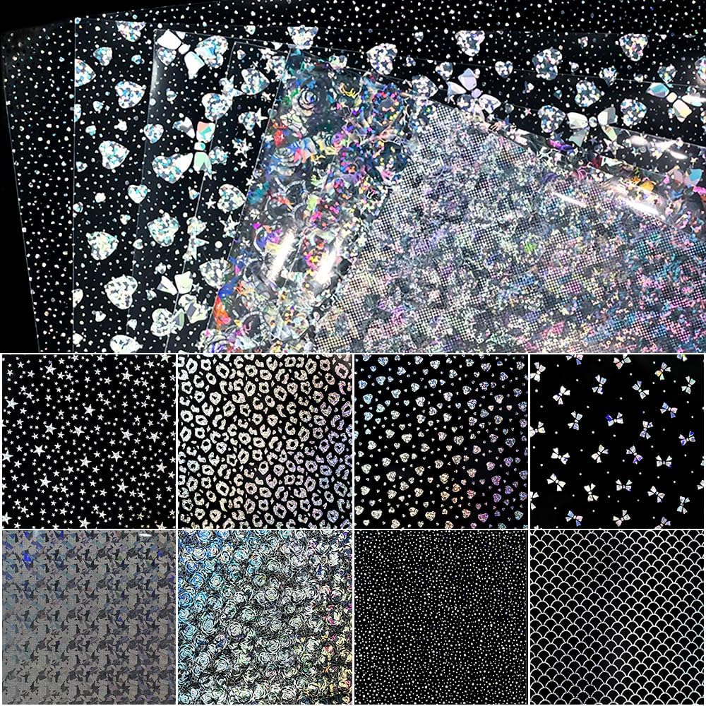 Vinilo adhesivo holográfico permanente, 16 hojas de 12 x 12 pulgadas, película transparente iridiscente impermeable con moños de flores y patrones