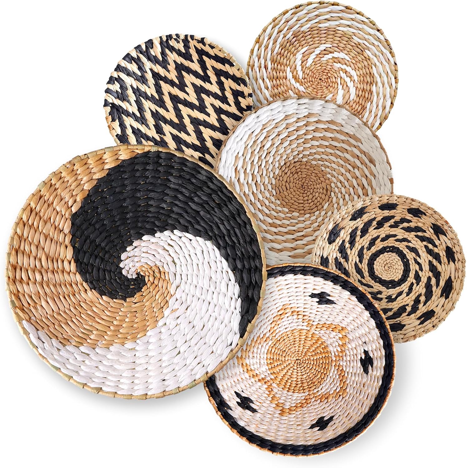 Juego de 6 cestas de pared tejidas para colgar, grandes, redondas, rústicas, rústicas, modernas, decoración de pared de ratán y seegrass hecha a