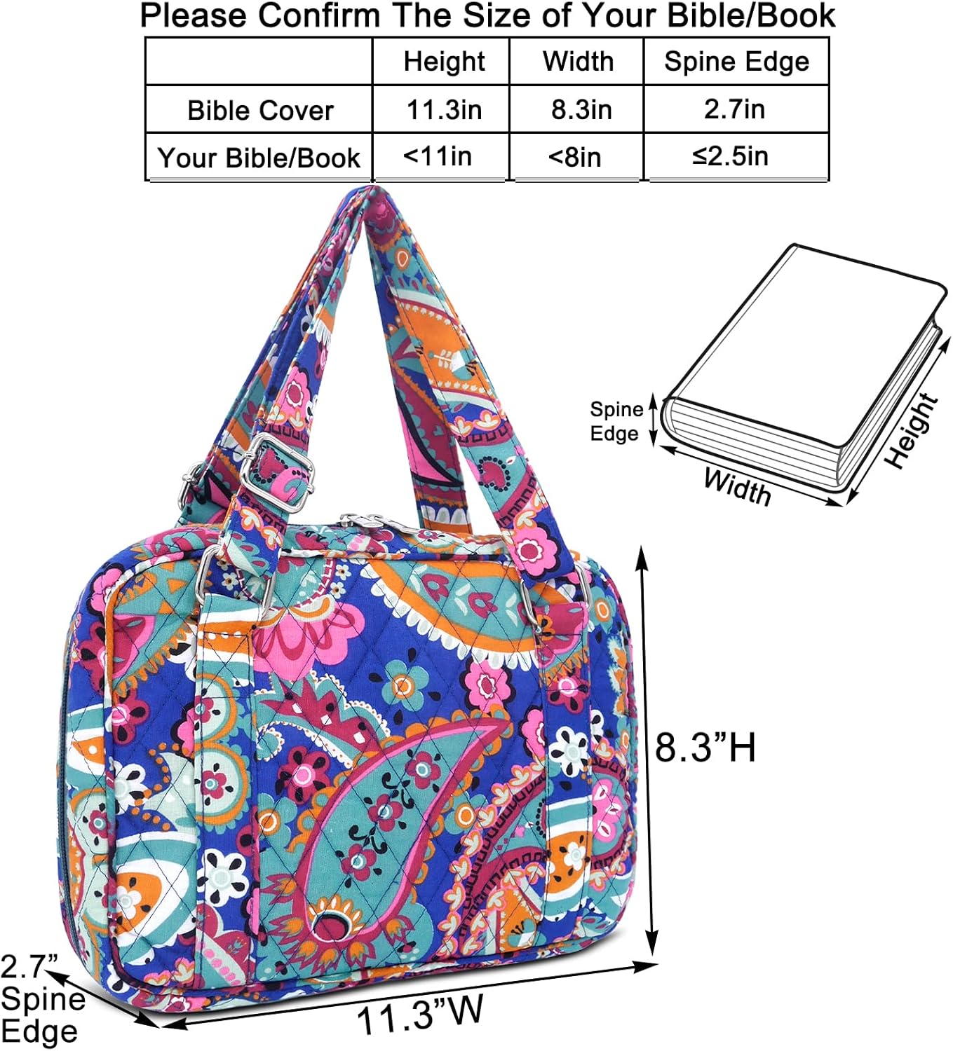 Funda para la Biblia para mujer con correas ajustables, bolsa de transporte extragrande para la Biblia con bolsillo con cremallera, 11.3 x 8.3 x 2.7