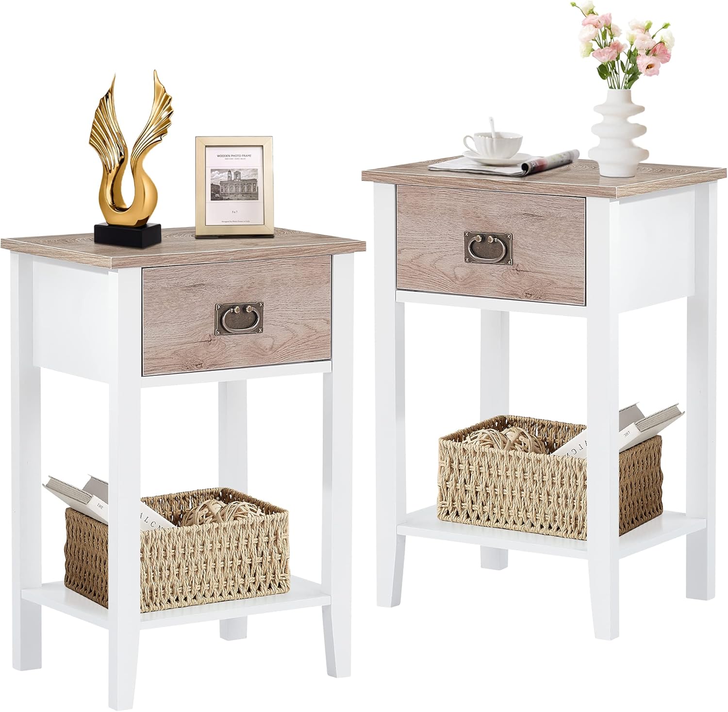 VECELO Juego de 2 mesitas de noche, mesa auxiliar con cajones para dormitorio, sala de estar, sofá, mesita de noche, muebles de acento vintage,