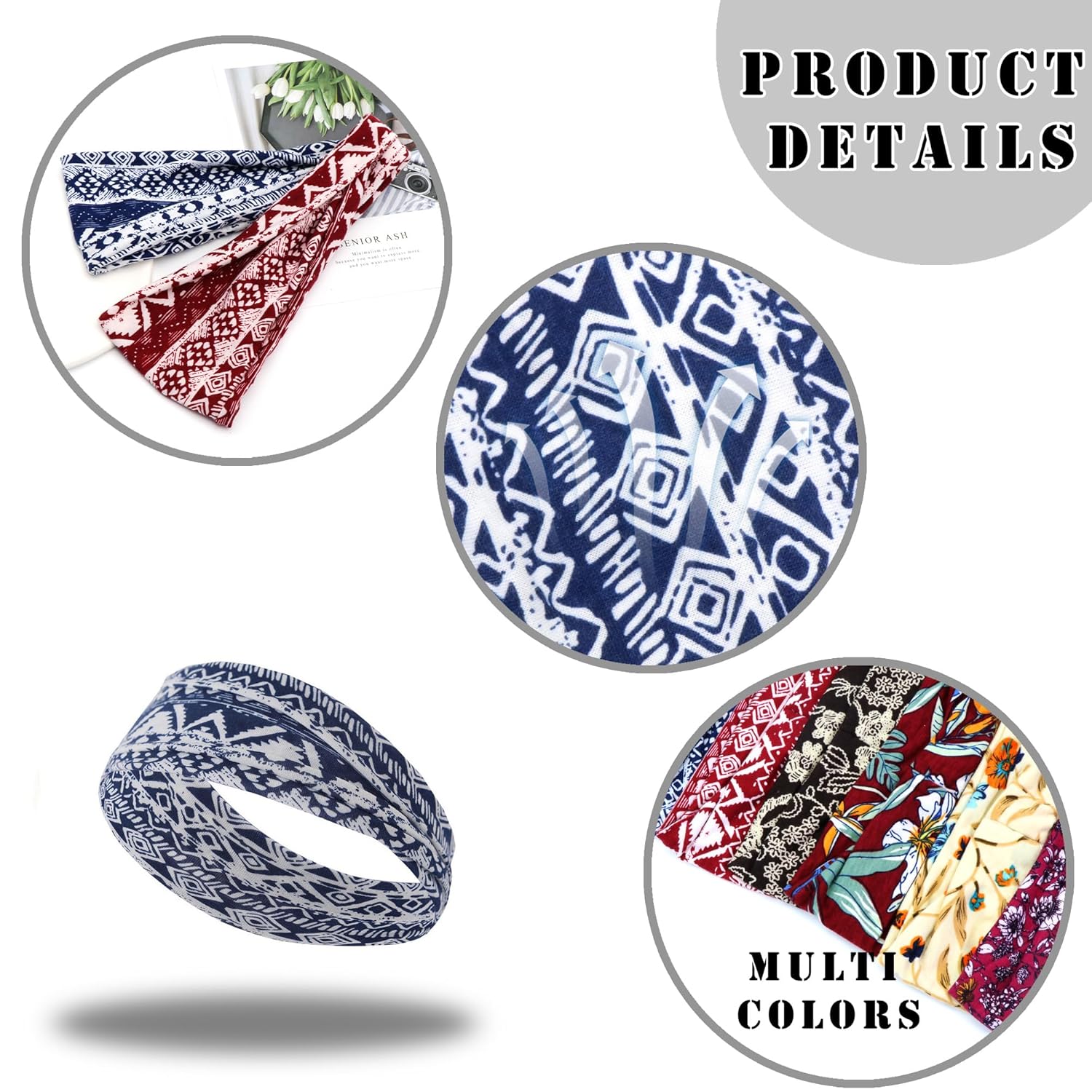 FULZTEY Diademas bohemias con estampado africano, bandas anchas para la cabeza, turbante elástico, con estampado floral, bandanas antideslizantes