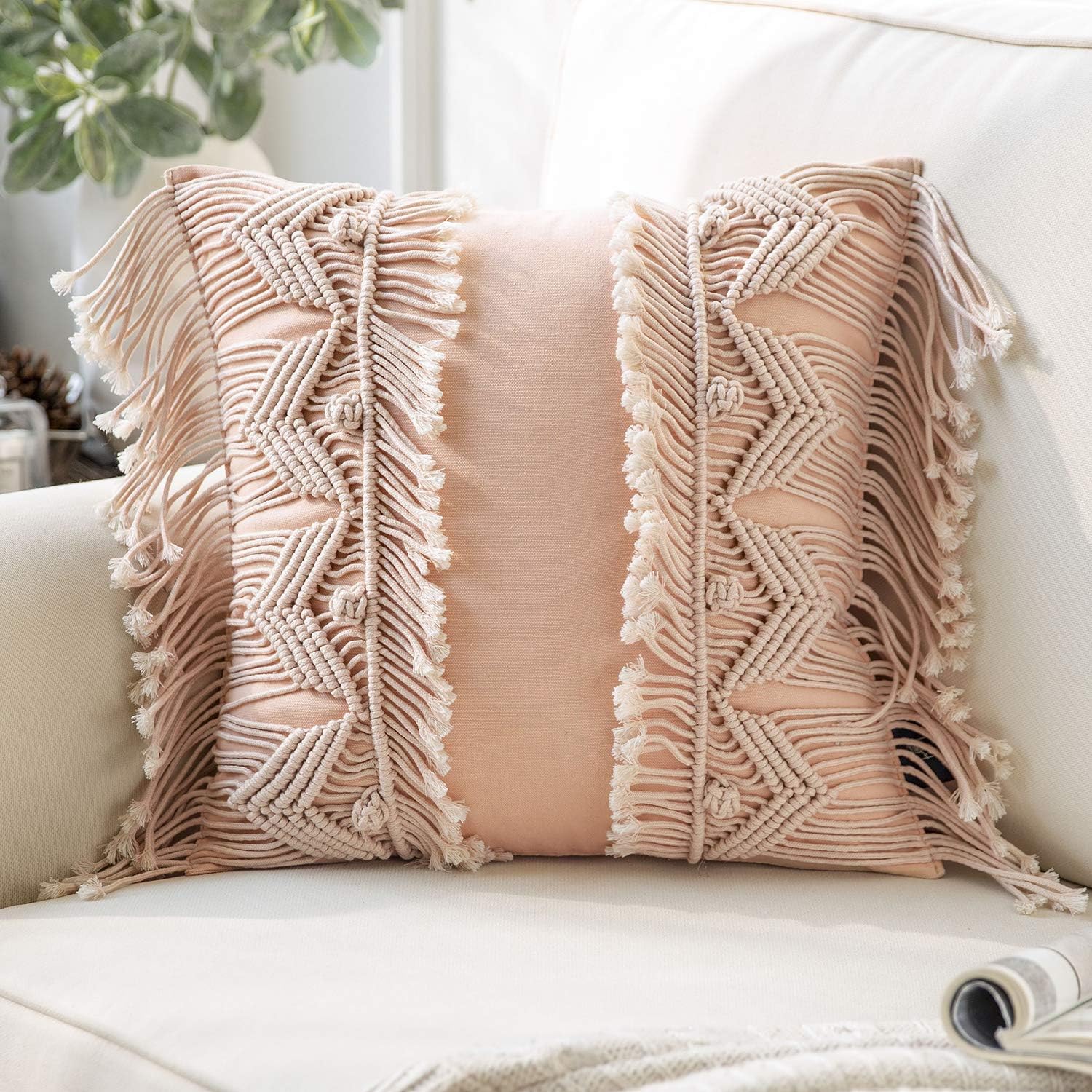 Phantoscope Almohada de macramé de algodón hecha a mano con simetría 3D tejida a ganchillo, estilo bohemio, cojín decorativo para sofá, sofá, rosa,