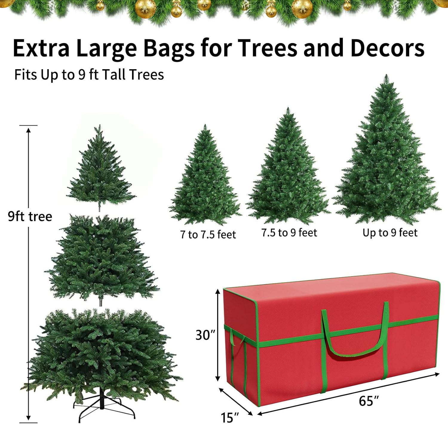 Bolsa de almacenamiento para árbol de Navidad, se adapta a árboles artificiales desmontados de hasta 9 pies de alto, con asas de transporte y doble