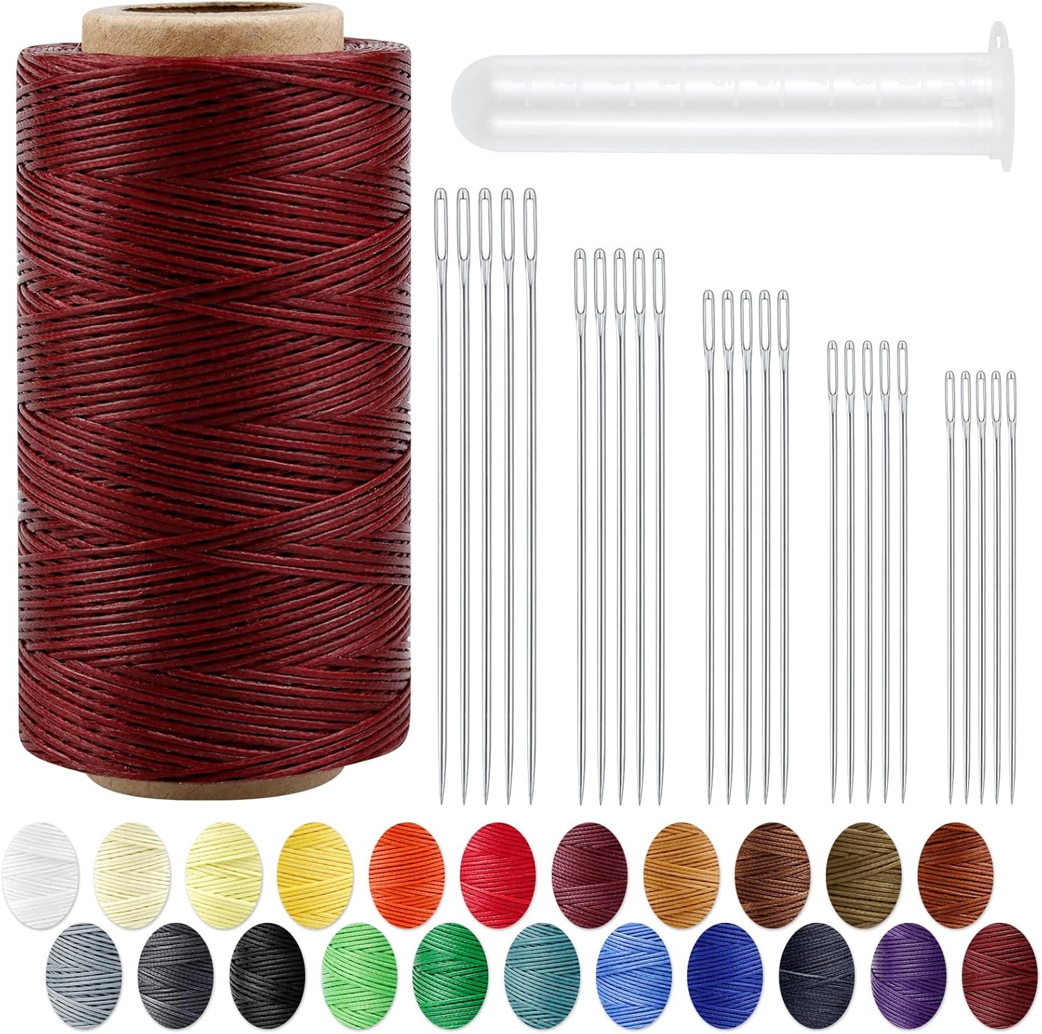 PLANTIONAL – Hilo encerado de costura para tapicería de piel PLANTIONAL 218 yardas, juego de cuerdas de cera 210D con 25 agujas de coser grandes a