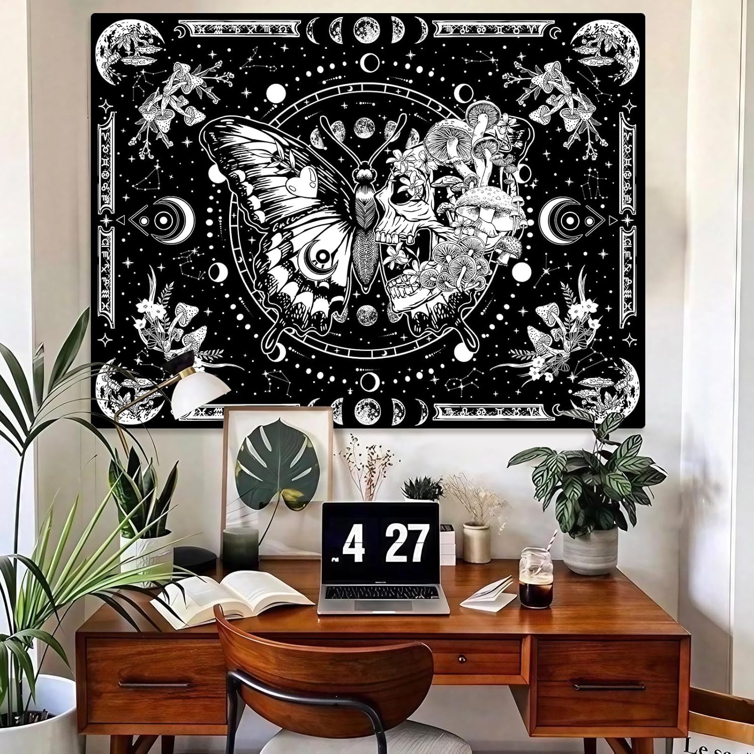 Tapiz de esqueleto y mariposa, diseño de calavera en blanco y negro, diseño de hongos, tapiz estético hippie para colgar en la pared para