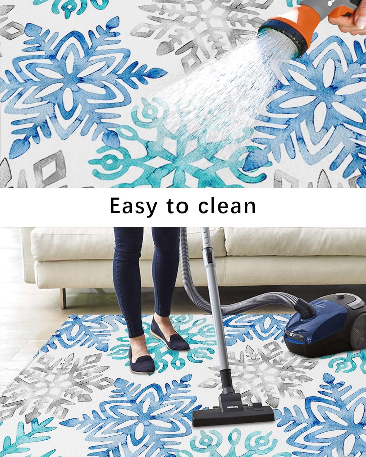 Outdoor Rug Carpet Waterproof 5×8 ft Area Rug, Blue Green Snowflake Winter Large Floor Mat for Patio Balcony Living Room Backyard Picnic Beach RV