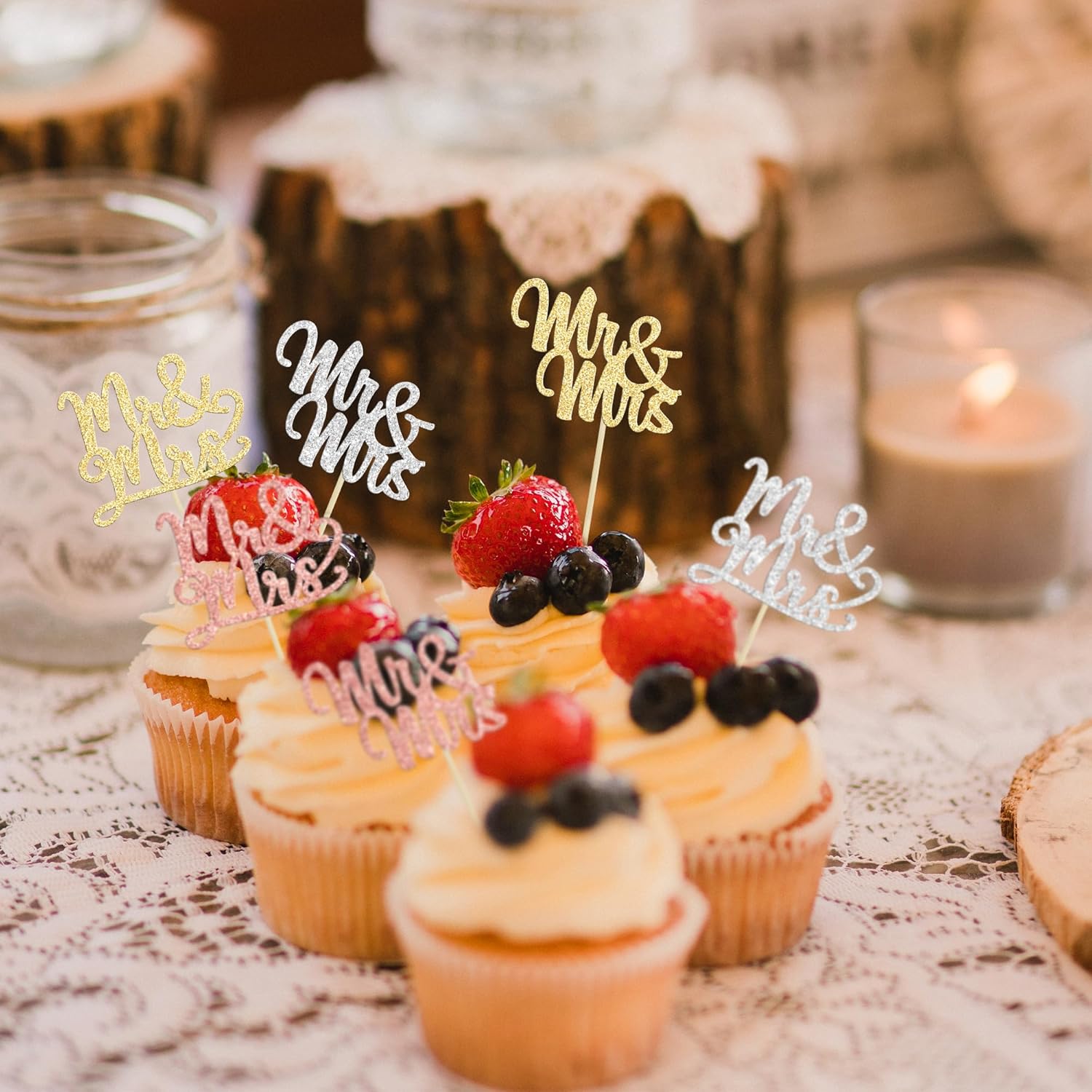 Gyufise 36 piezas de decoración para cupcakes Mr & Mrs con purpurina para despedida de soltera, para boda, compromiso, cumpleaños, aniversario,