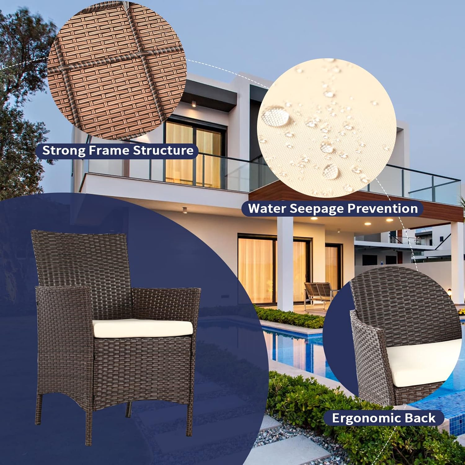 KAWIVAST Juego de muebles de patio de 3 piezas, juegos de muebles de patio de mimbre, muebles de ratán PE al aire libre, muebles de porche