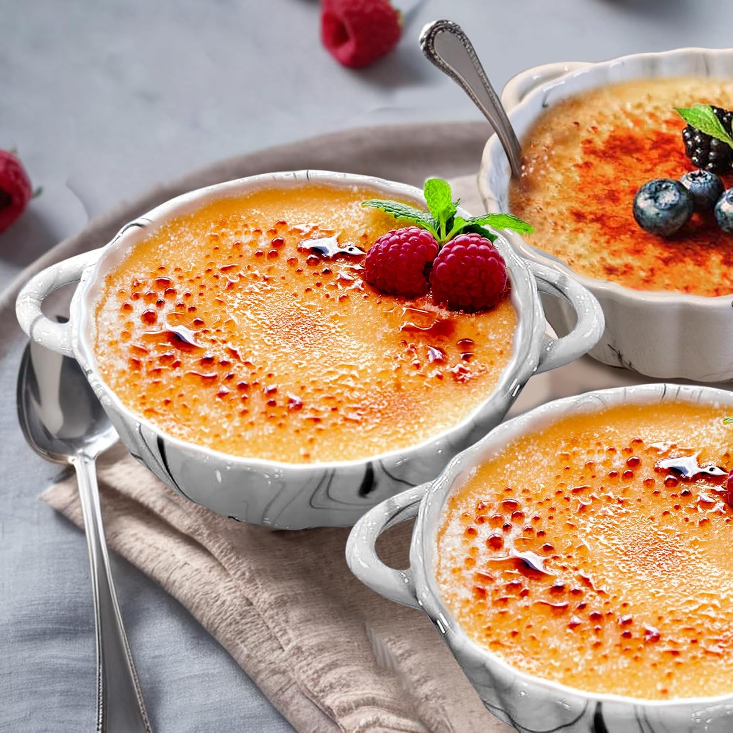 CASADELLA – Juego de 6 moldes para horno de 8 onzas, juego de 6 moldes de crema Brulee con asas dobles, tazas de postre de cerámica, regalo