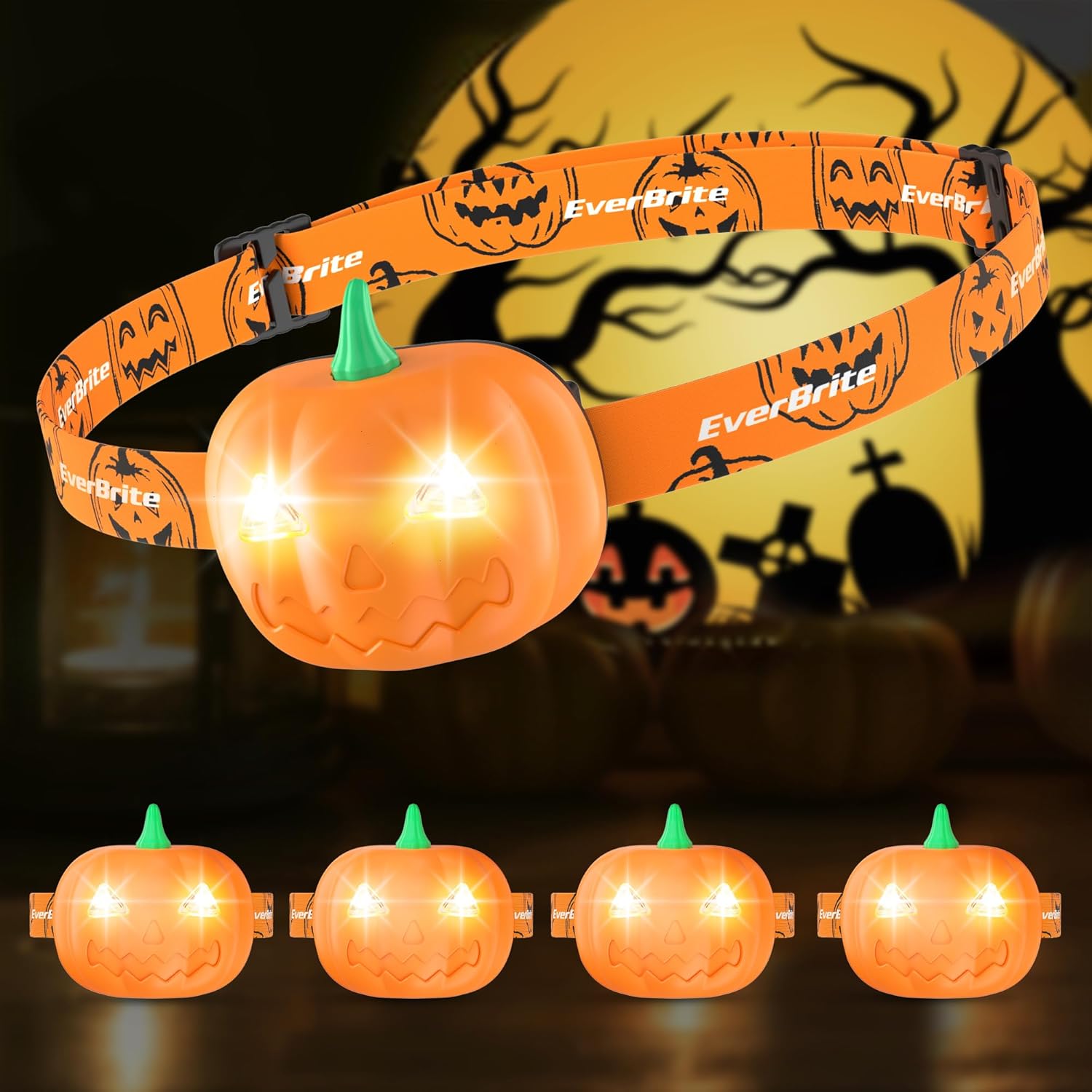 EverBrite Paquete de 5 faros de calabaza de Halloween, 2 modos, lámpara LED ajustable para la cabeza, luces de calabaza, recuerdos de fiesta de