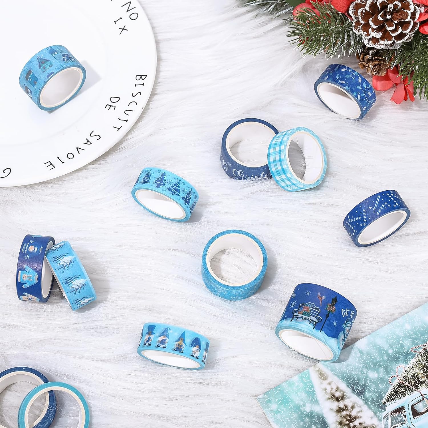 Whaline 16 rollos de cinta Washi de invierno, 4 tamaños, cinta adhesiva Washi azul para Navidad, copo de nieve, muñeco de nieve, papel decorativo de