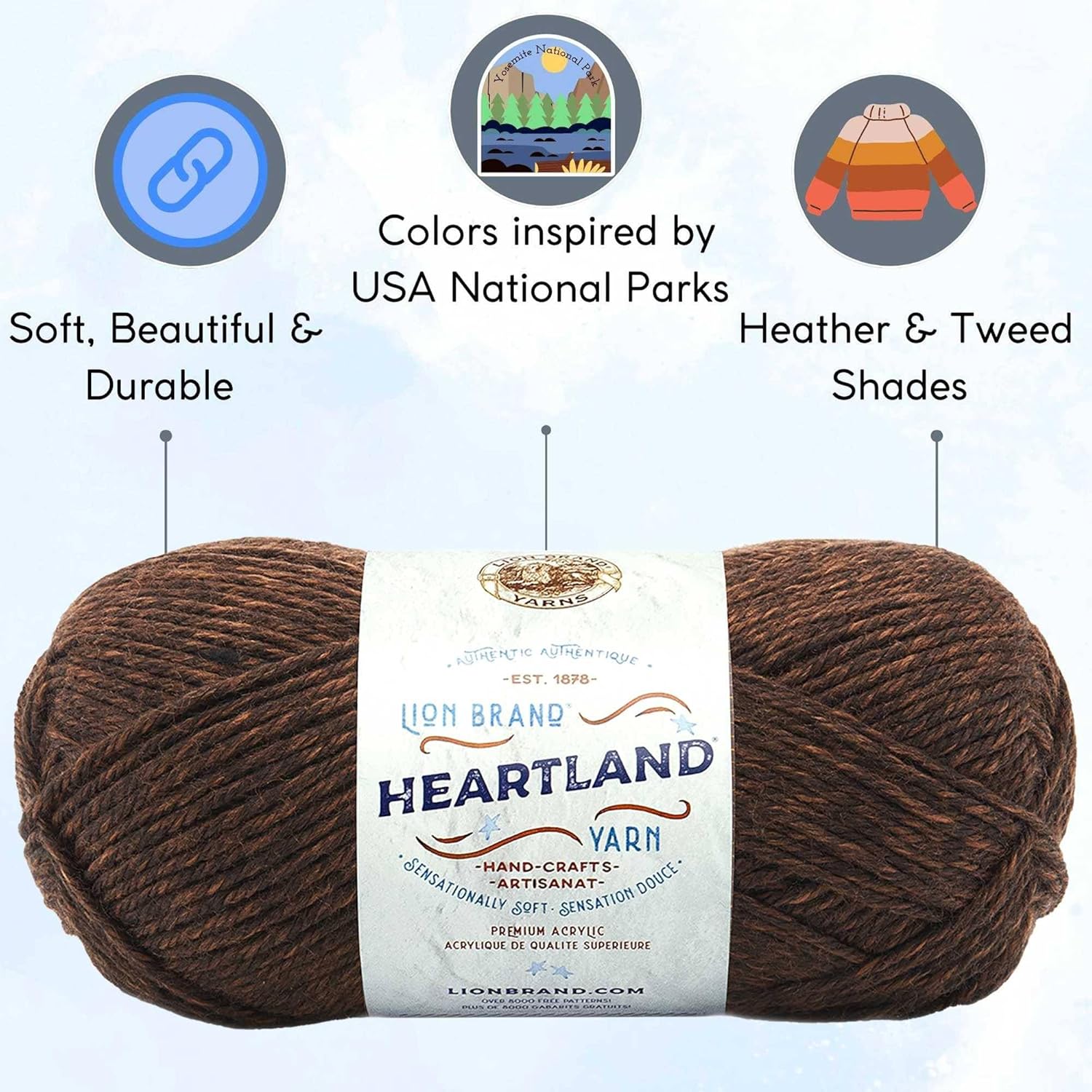 Lion Brand Heartland – Ovillo de hilo para tejer de ganchillo 100% acrílico 100% acrílico con 1 bolsa Artsiga para manualidades