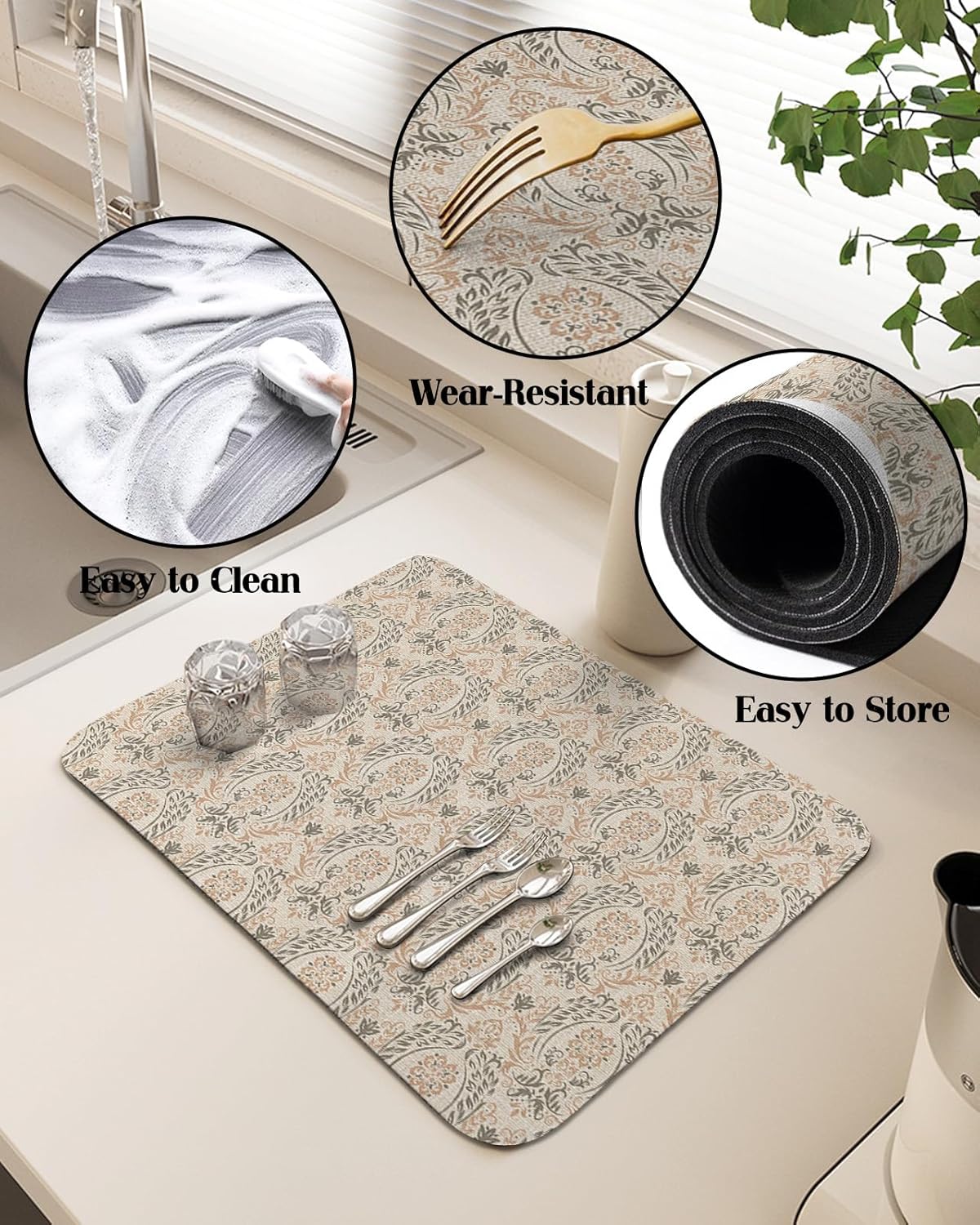 Tapete de secado de platos con patrón étnico gris beige para encimera de cocina, súper absorbente, de secado rápido, tapete delgado para fregadero