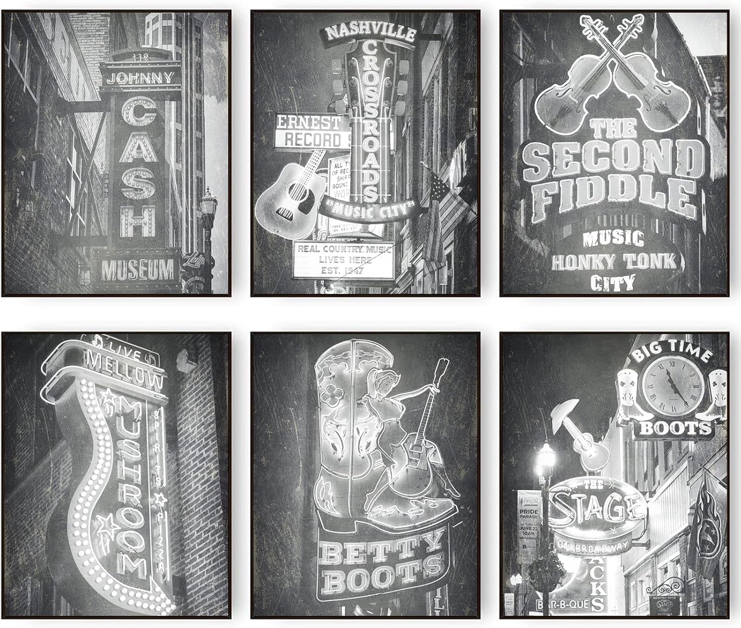Póster vintage de Nashville para pared, diseño retro en blanco y negro de Nashville, Tennessee, música country, guitarra, arte del centro, lienzo