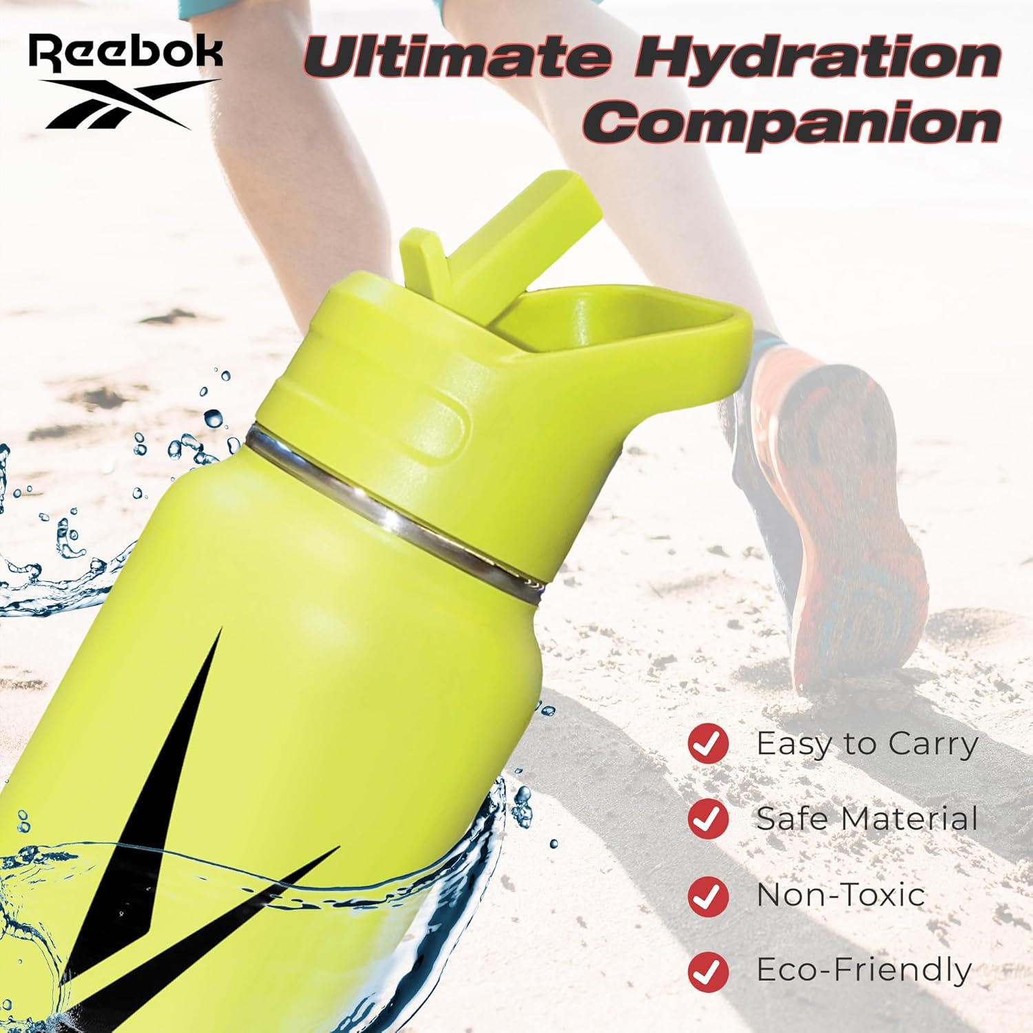 Reebok Botella de agua de acero inoxidable con tapa de popote y diseño atlético, 32 onzas, botella de agua deportiva aislada al vacío de doble pared